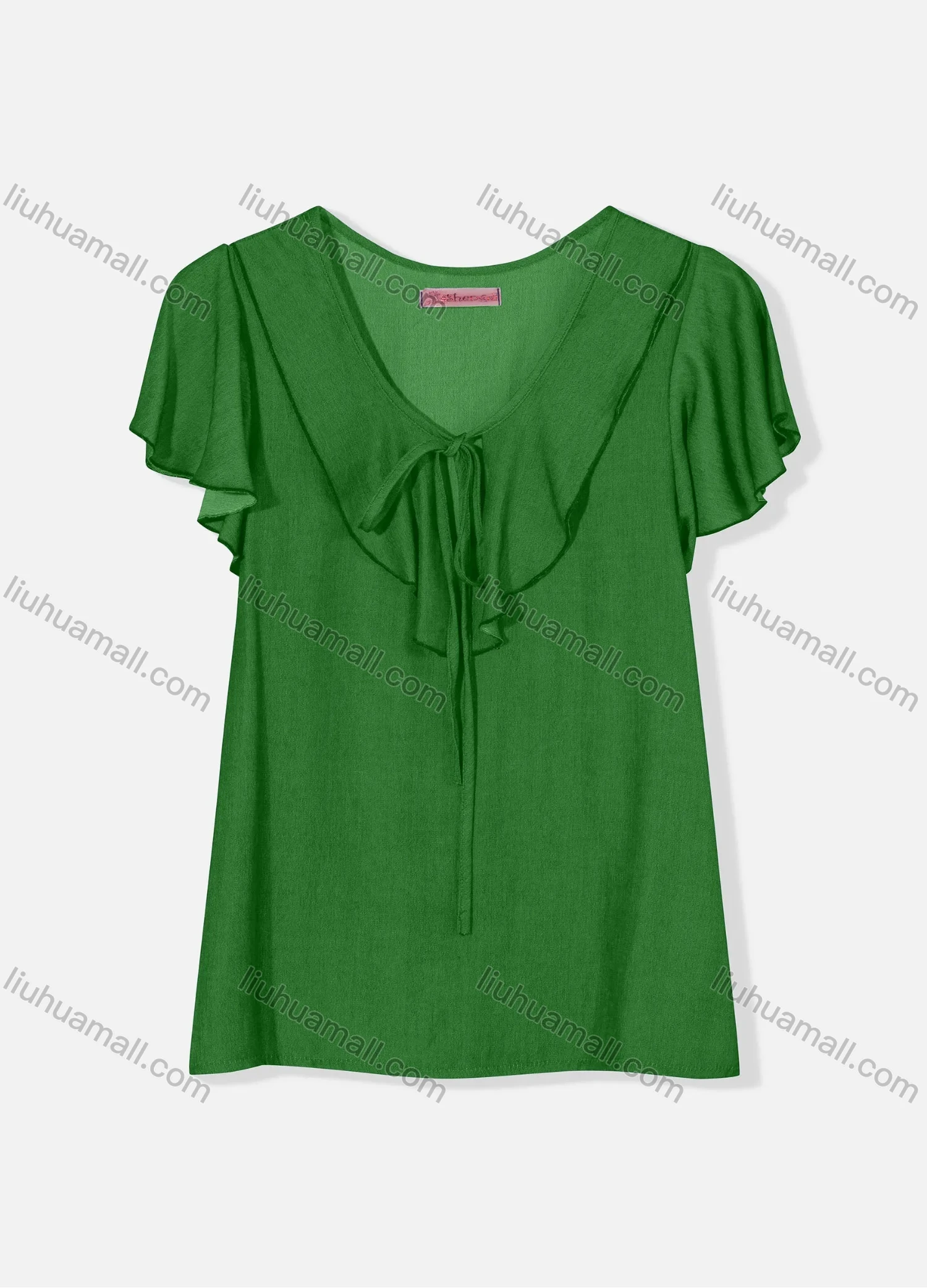 Wholesale Women's Casual Butterfly Sleeve Tie Front Ruffle Trim Plain Blouse J8110# - Liuhuamall