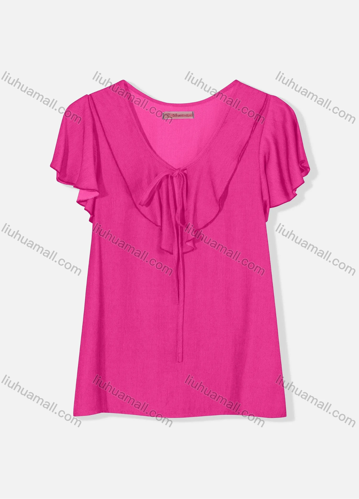 Wholesale Women's Casual Butterfly Sleeve Tie Front Ruffle Trim Plain Blouse J8110# - Liuhuamall