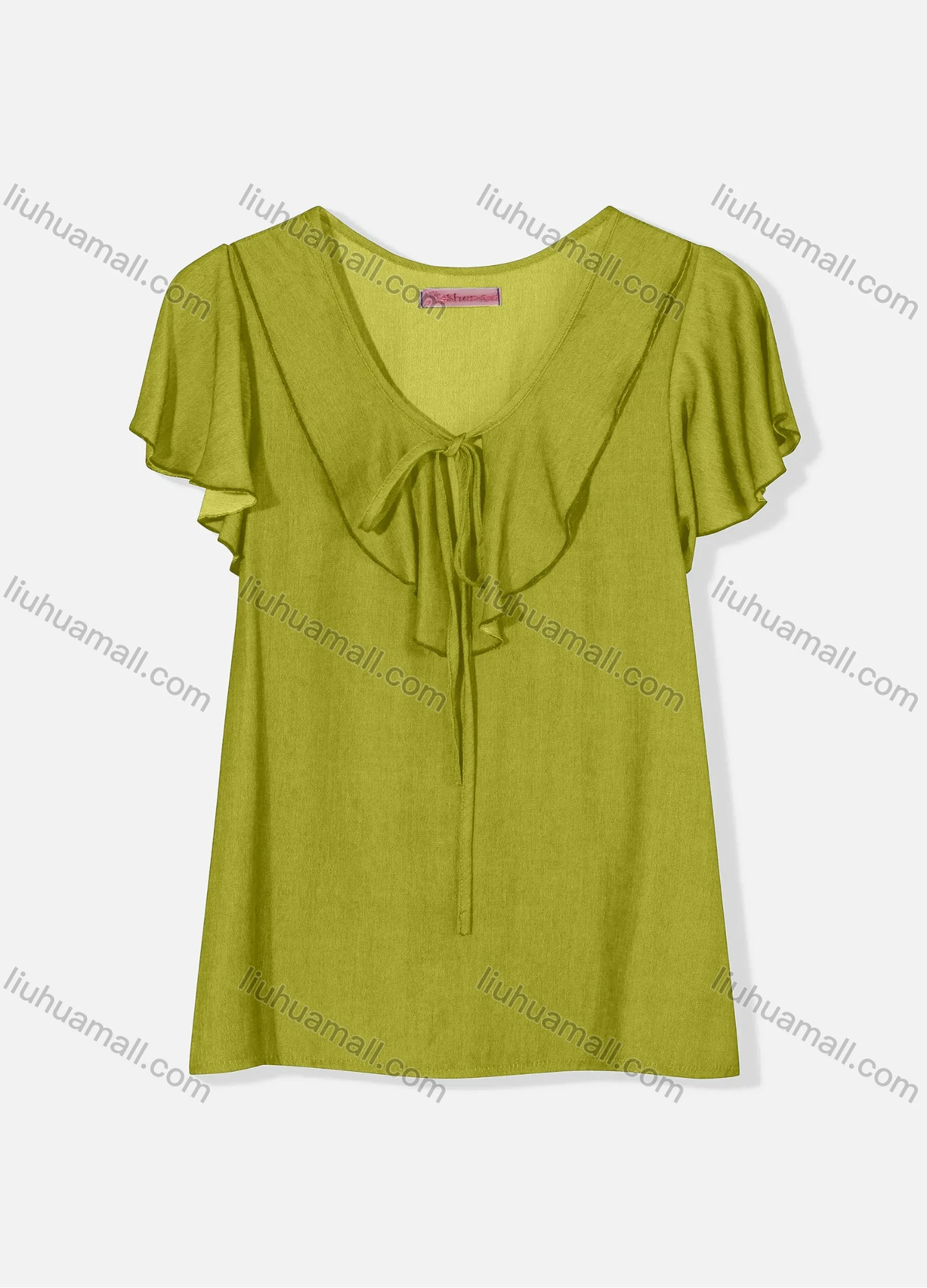 Wholesale Women's Casual Butterfly Sleeve Tie Front Ruffle Trim Plain Blouse J8110# - Liuhuamall