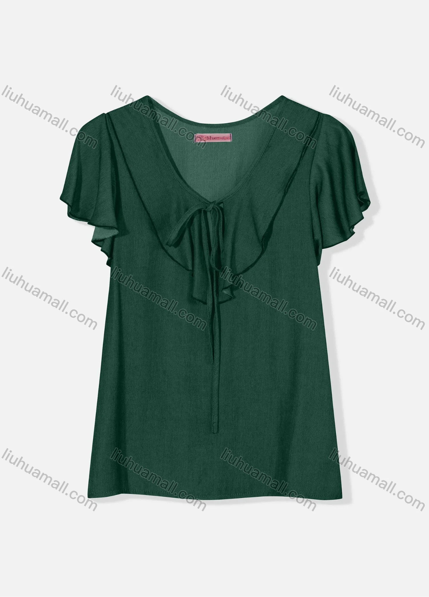 Wholesale Women's Casual Butterfly Sleeve Tie Front Ruffle Trim Plain Blouse J8110# - Liuhuamall