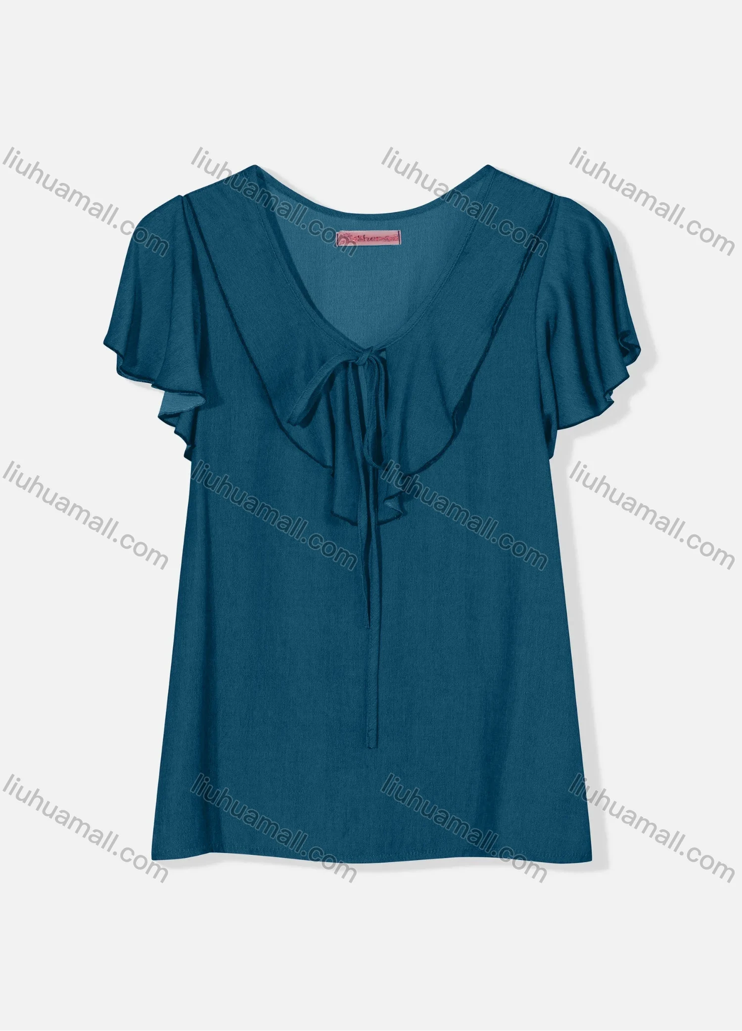 Wholesale Women's Casual Butterfly Sleeve Tie Front Ruffle Trim Plain Blouse J8110# - Liuhuamall