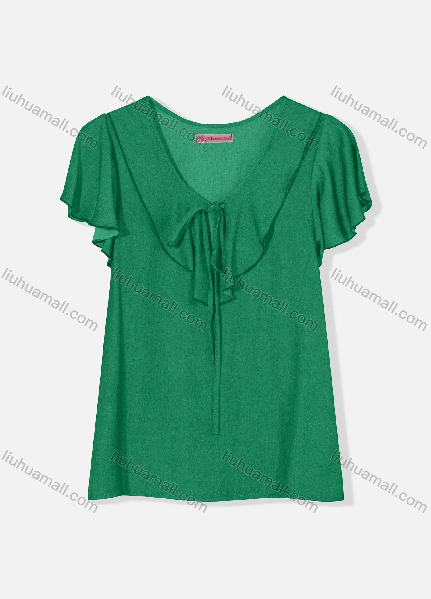 Wholesale Women's Casual Butterfly Sleeve Tie Front Ruffle Trim Plain Blouse J8110# - Liuhuamall