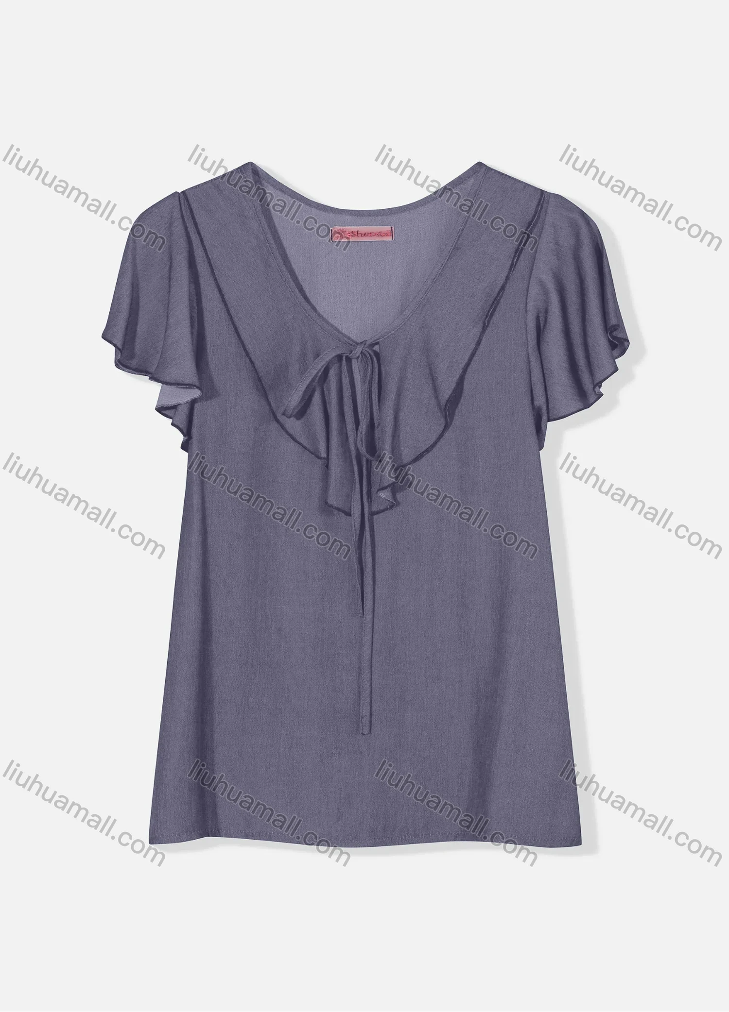 Wholesale Women's Casual Butterfly Sleeve Tie Front Ruffle Trim Plain Blouse J8110# - Liuhuamall