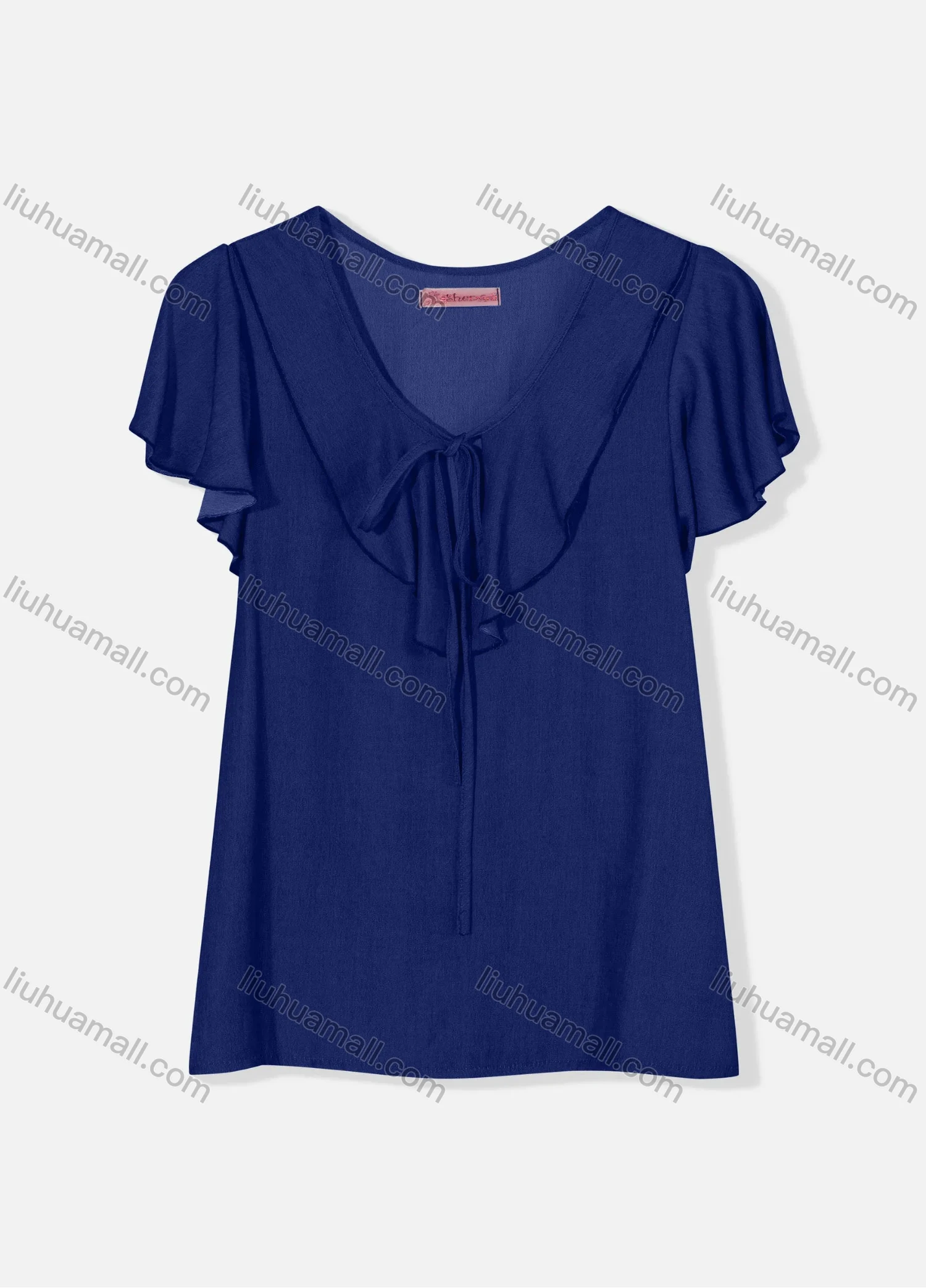 Wholesale Women's Casual Butterfly Sleeve Tie Front Ruffle Trim Plain Blouse J8110# - Liuhuamall