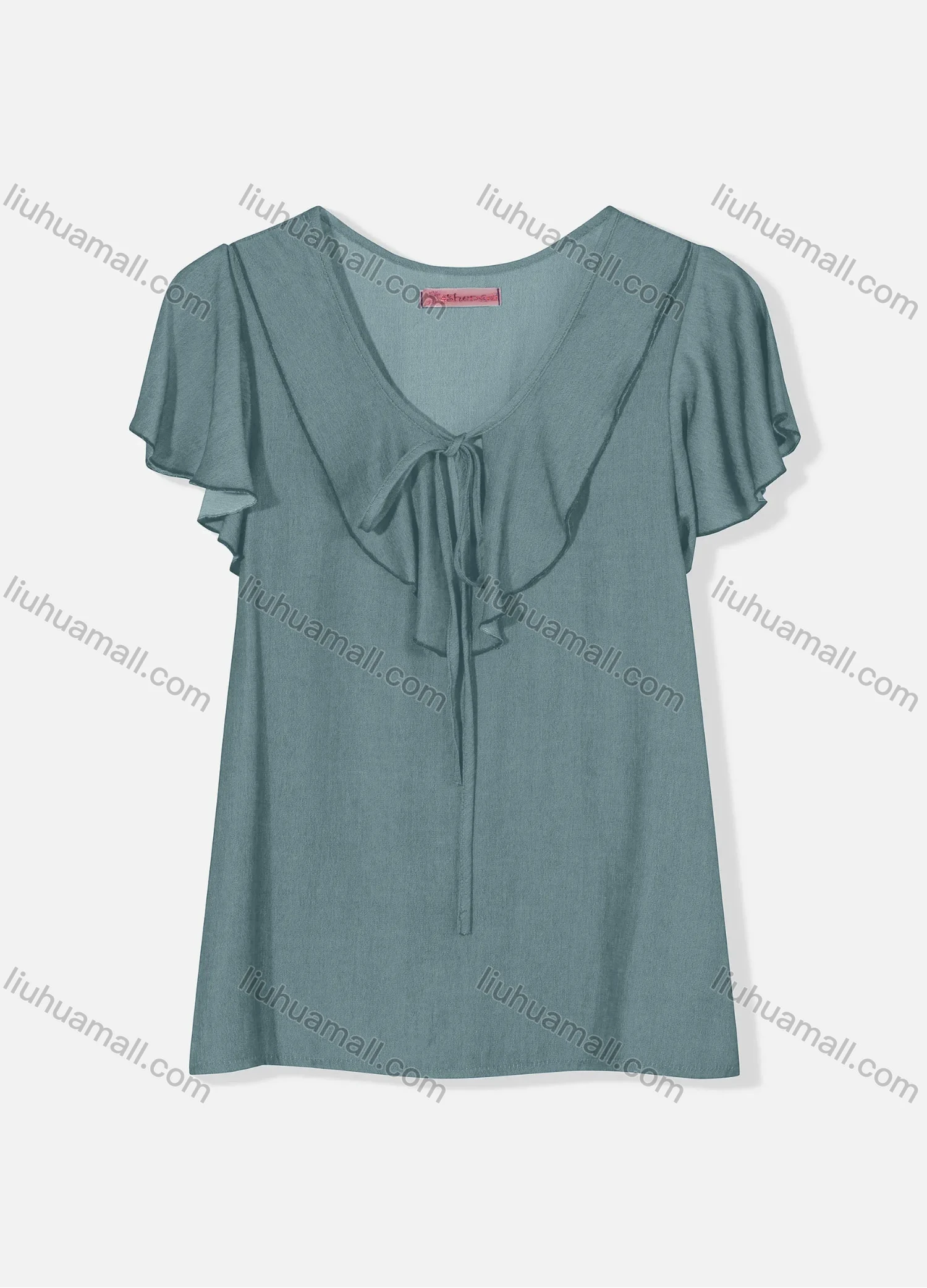 Wholesale Women's Casual Butterfly Sleeve Tie Front Ruffle Trim Plain Blouse J8110# - Liuhuamall