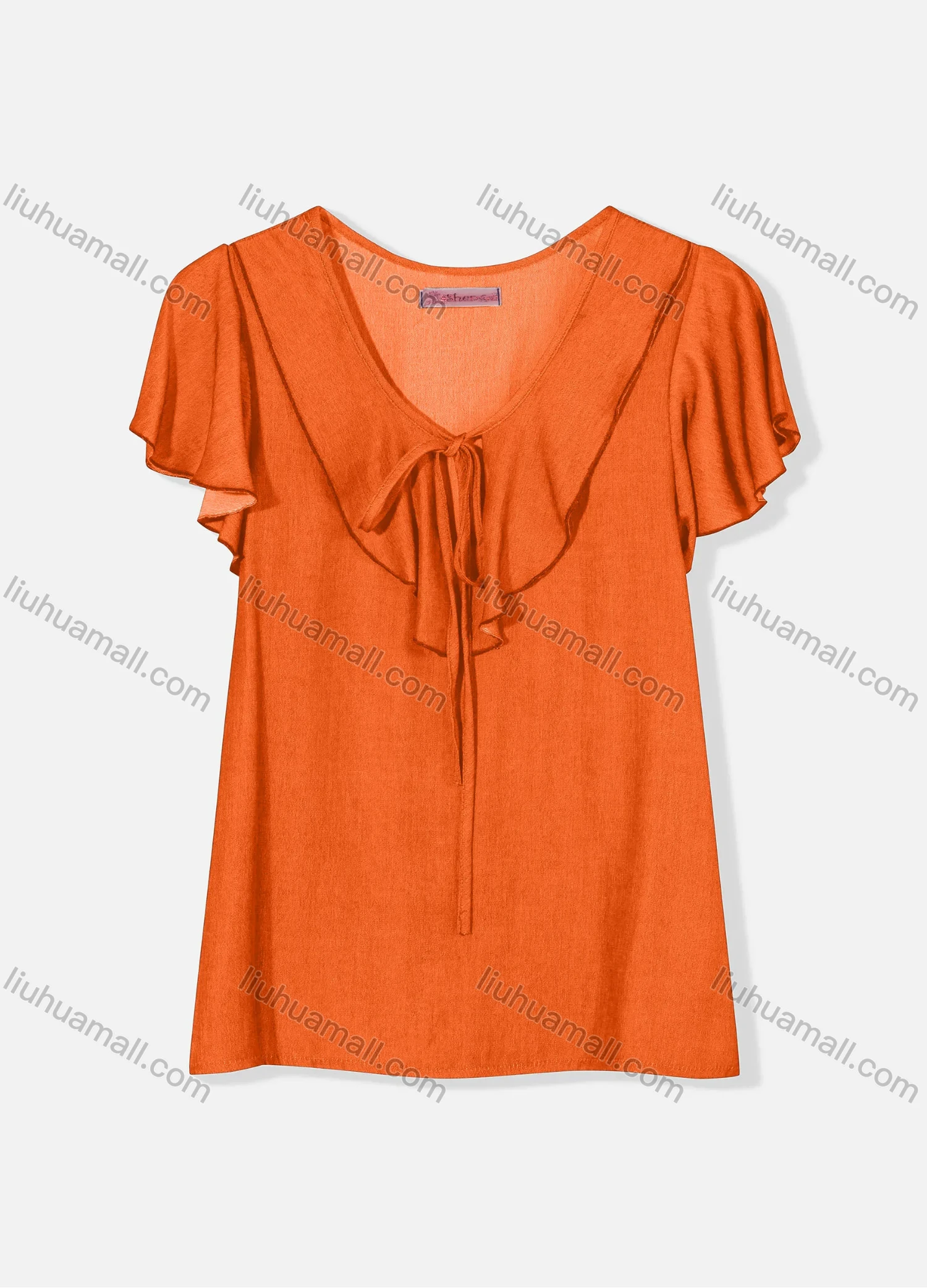 Wholesale Women's Casual Butterfly Sleeve Tie Front Ruffle Trim Plain Blouse J8110# - Liuhuamall