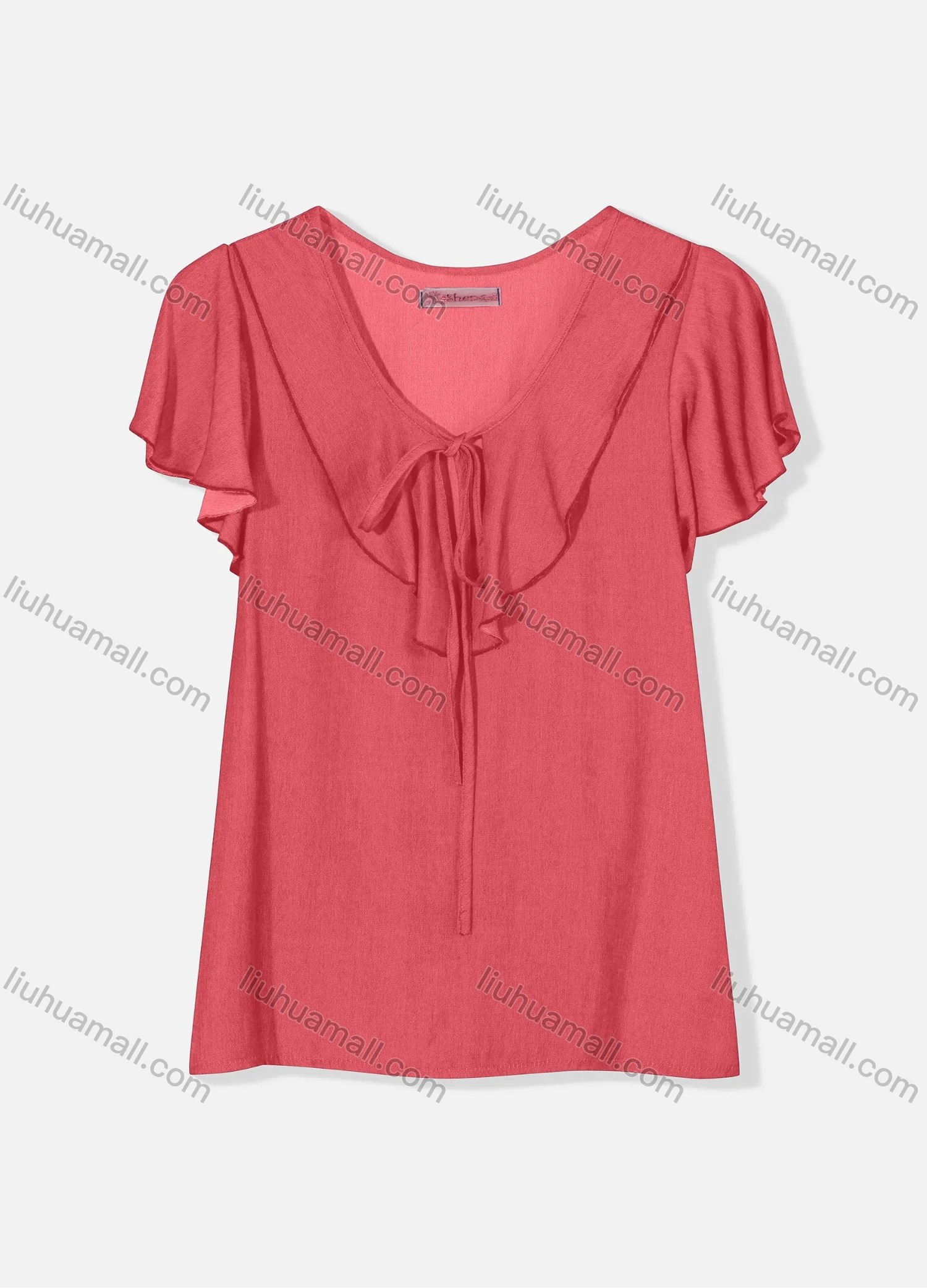 Wholesale Women's Casual Butterfly Sleeve Tie Front Ruffle Trim Plain Blouse J8110# - Liuhuamall