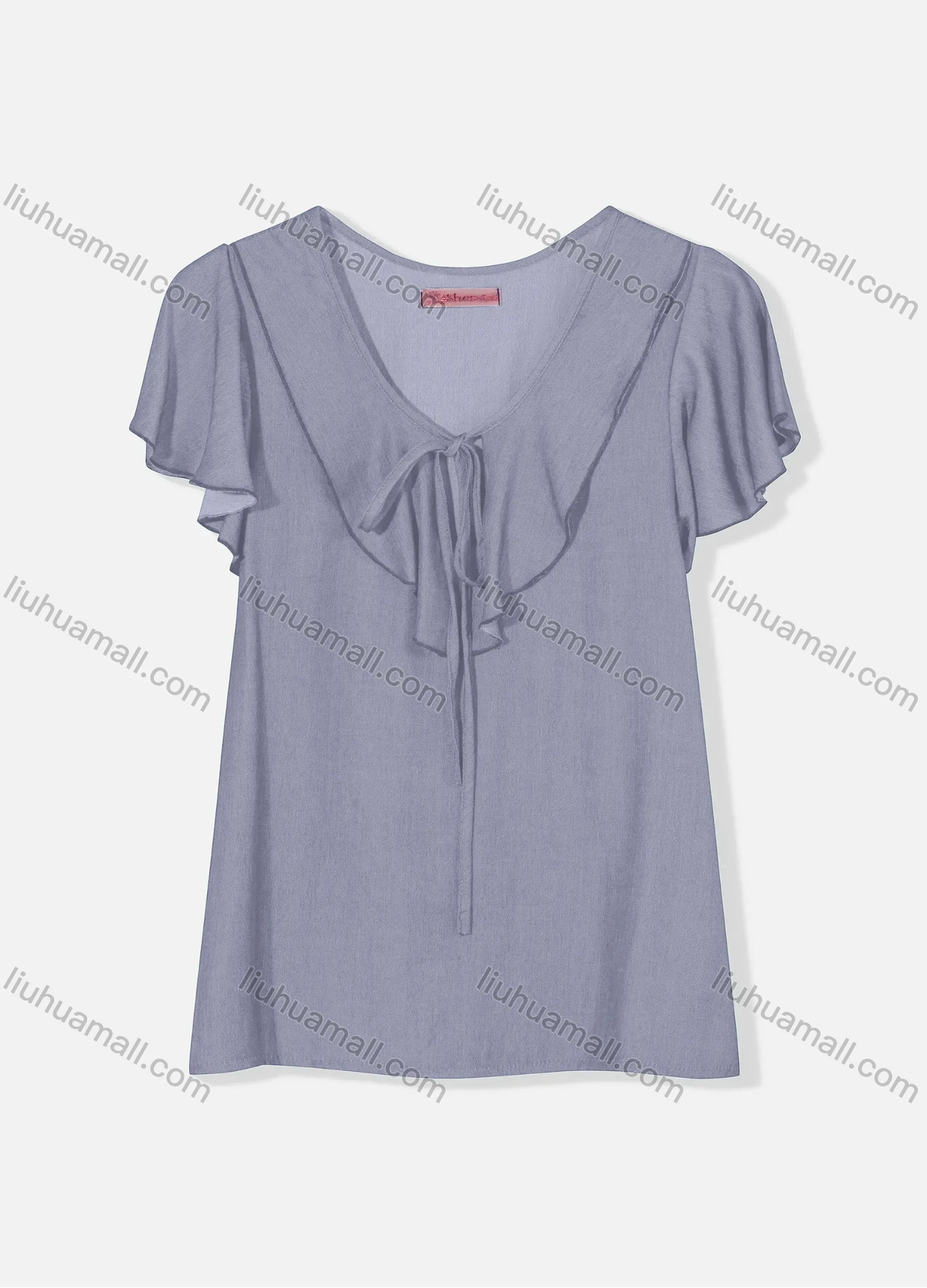 Wholesale Women's Casual Butterfly Sleeve Tie Front Ruffle Trim Plain Blouse J8110# - Liuhuamall
