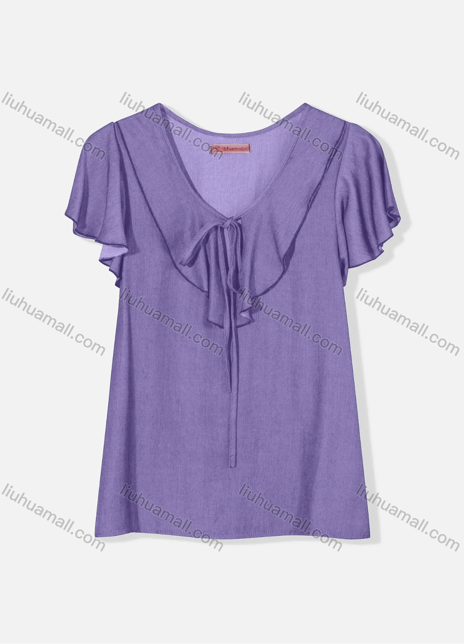 Wholesale Women's Casual Butterfly Sleeve Tie Front Ruffle Trim Plain Blouse J8110# - Liuhuamall
