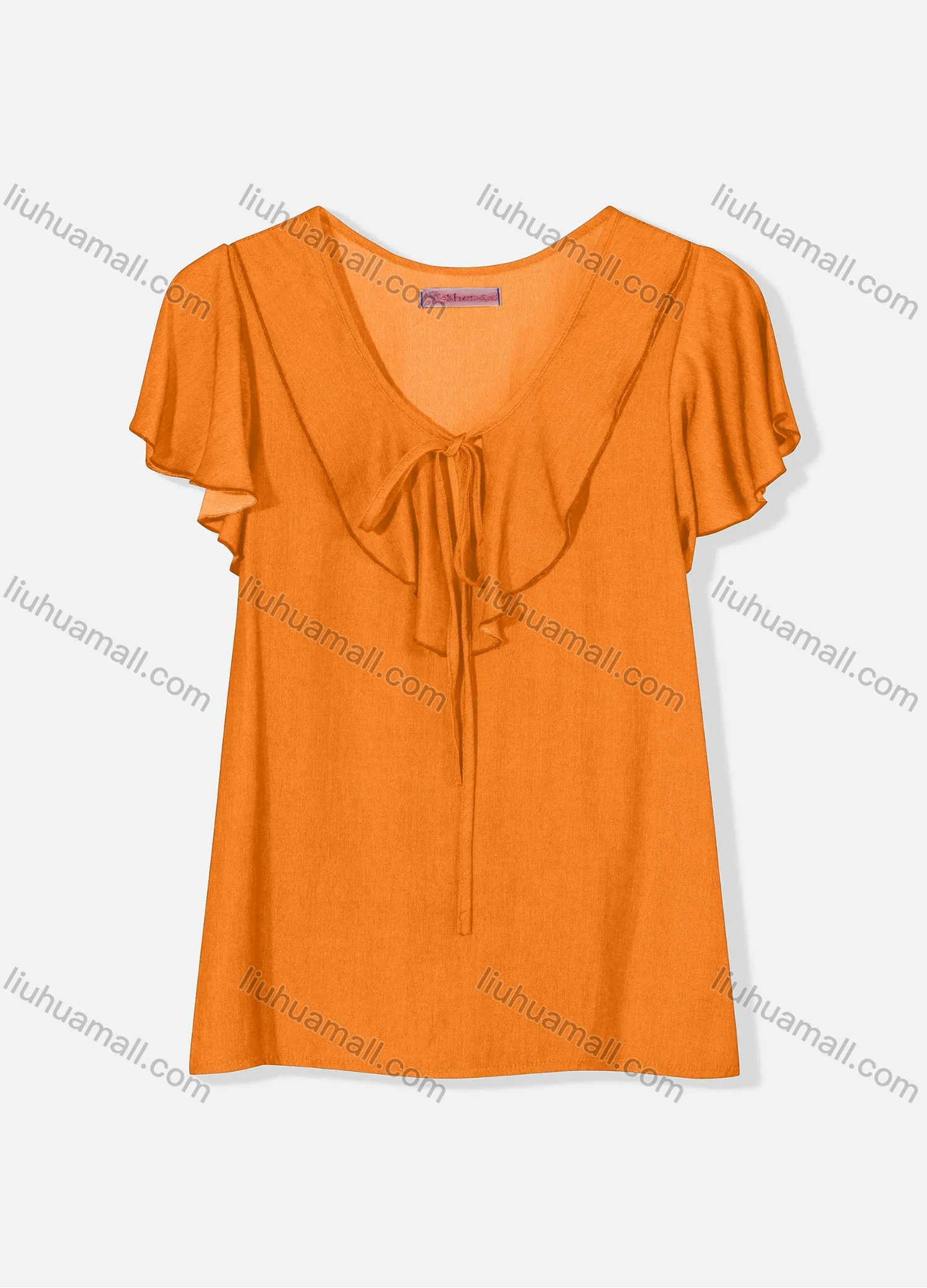 Wholesale Women's Casual Butterfly Sleeve Tie Front Ruffle Trim Plain Blouse J8110# - Liuhuamall