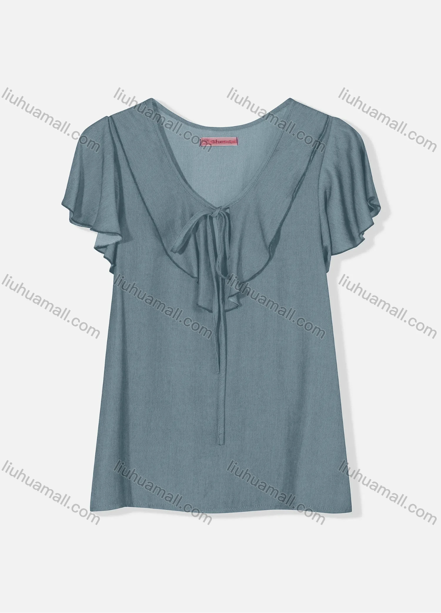 Wholesale Women's Casual Butterfly Sleeve Tie Front Ruffle Trim Plain Blouse J8110# - Liuhuamall
