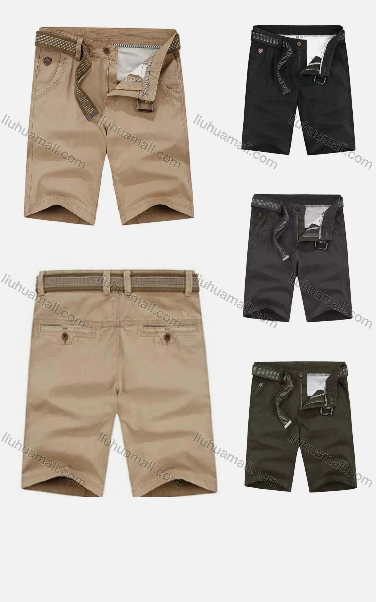 Wholesale Men's Casual Pockets Zipper Fly Plain Short Cargo Pant With Belt - Liuhuamall