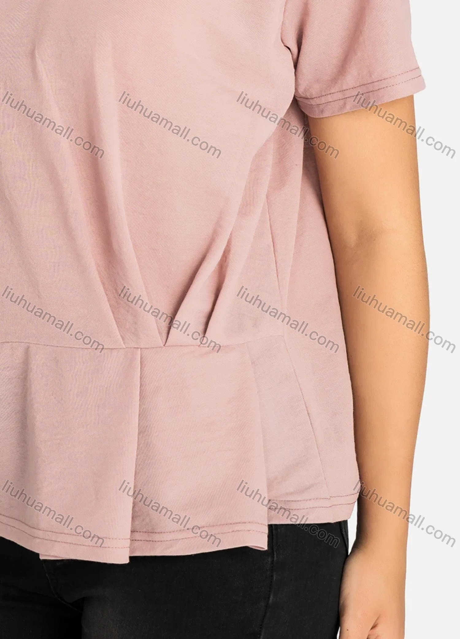 Wholesale Women's Casual Plain Pearl Decor Ruffle Hem Short Sleeve Blouse - Liuhuamall