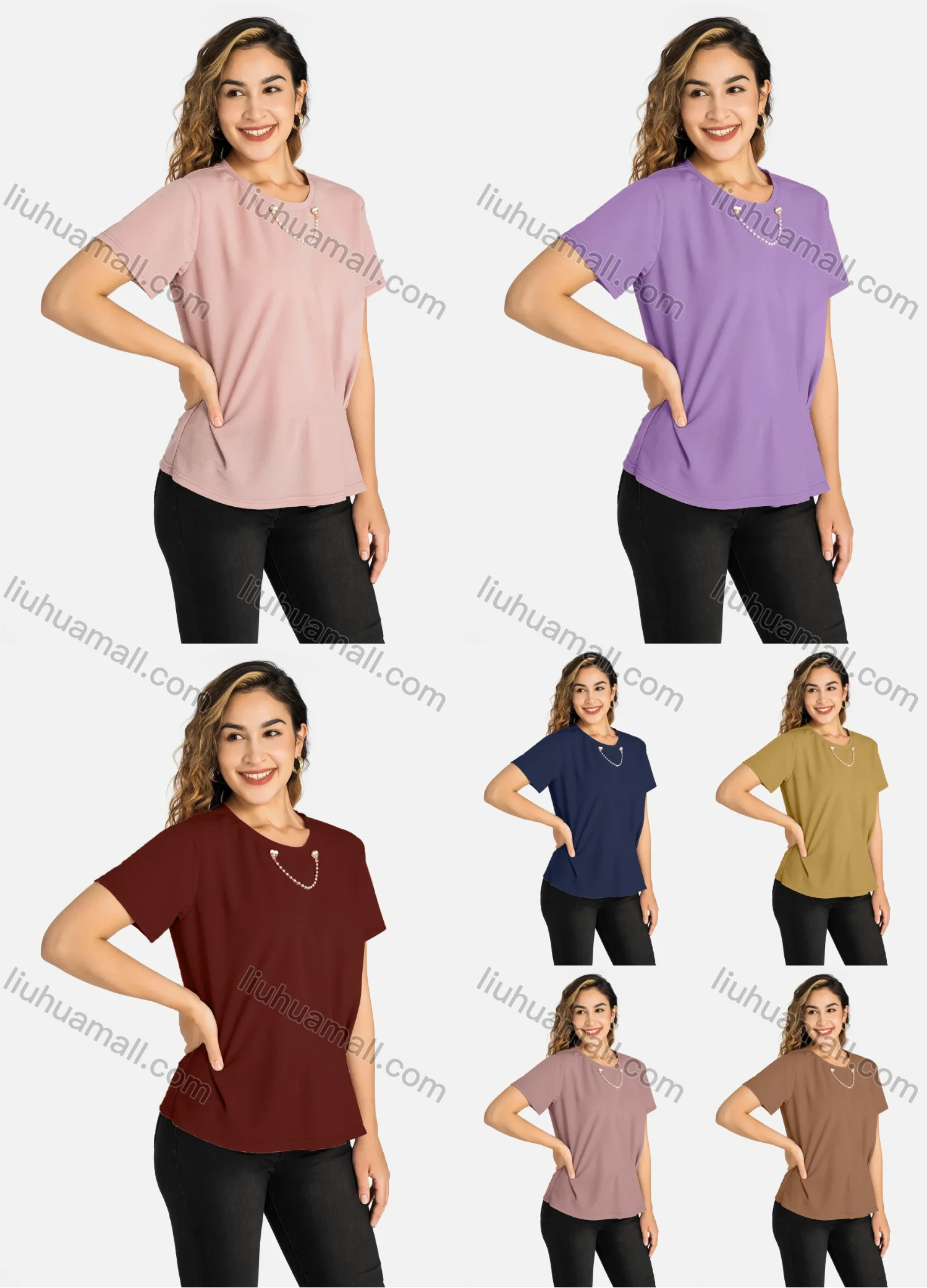Wholesale Women's Casual Plain Pearl Decor Ruffle Hem Short Sleeve Blouse - Liuhuamall