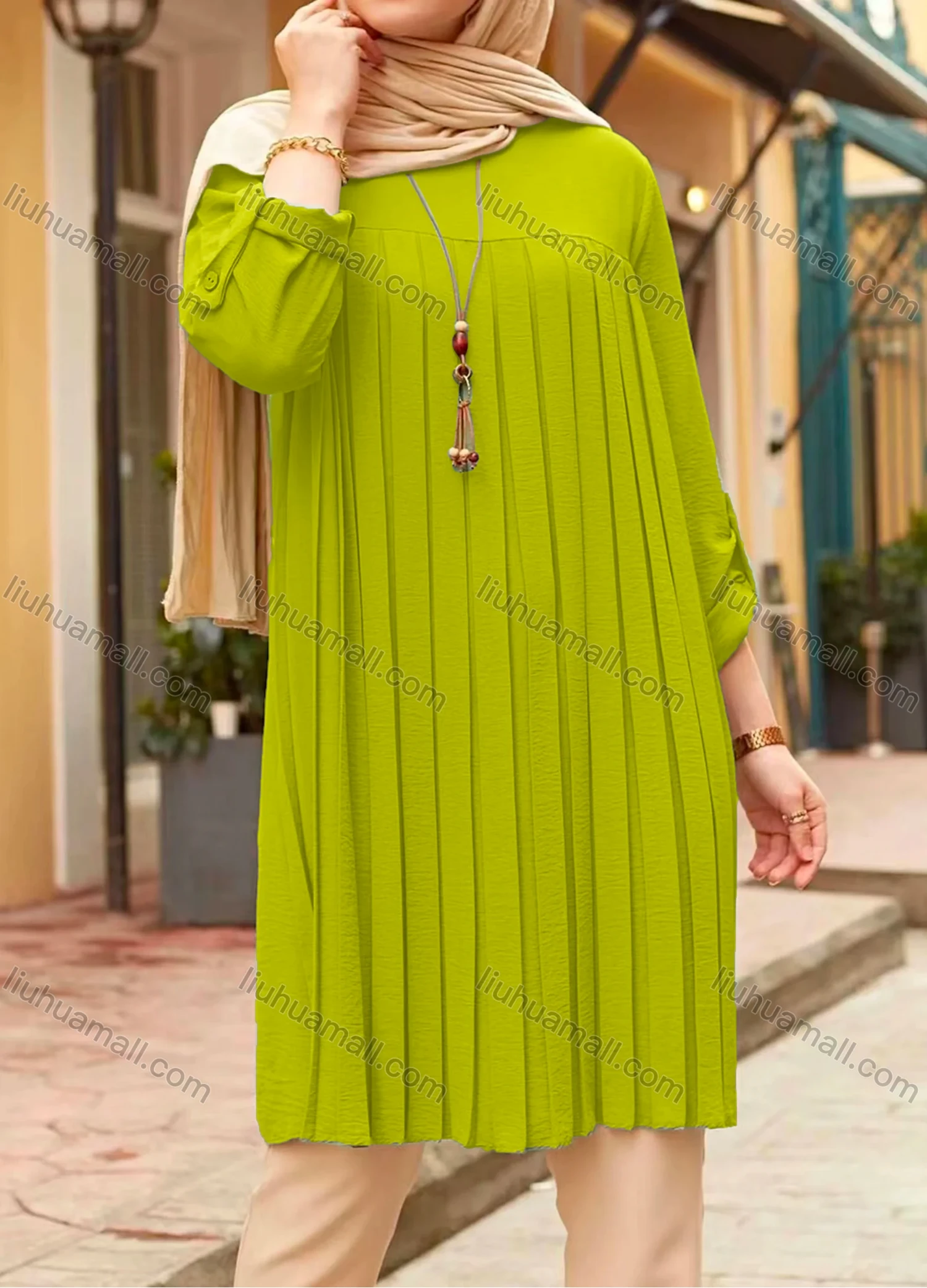 Wholesale Women's Casual Plain Long Sleeve Splicing Pleated Buckle Strap Cuff Tunic - Liuhuamall