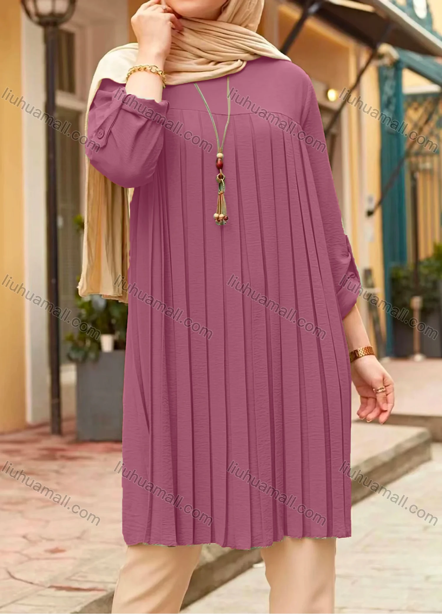 Wholesale Women's Casual Plain Long Sleeve Splicing Pleated Buckle Strap Cuff Tunic - Liuhuamall