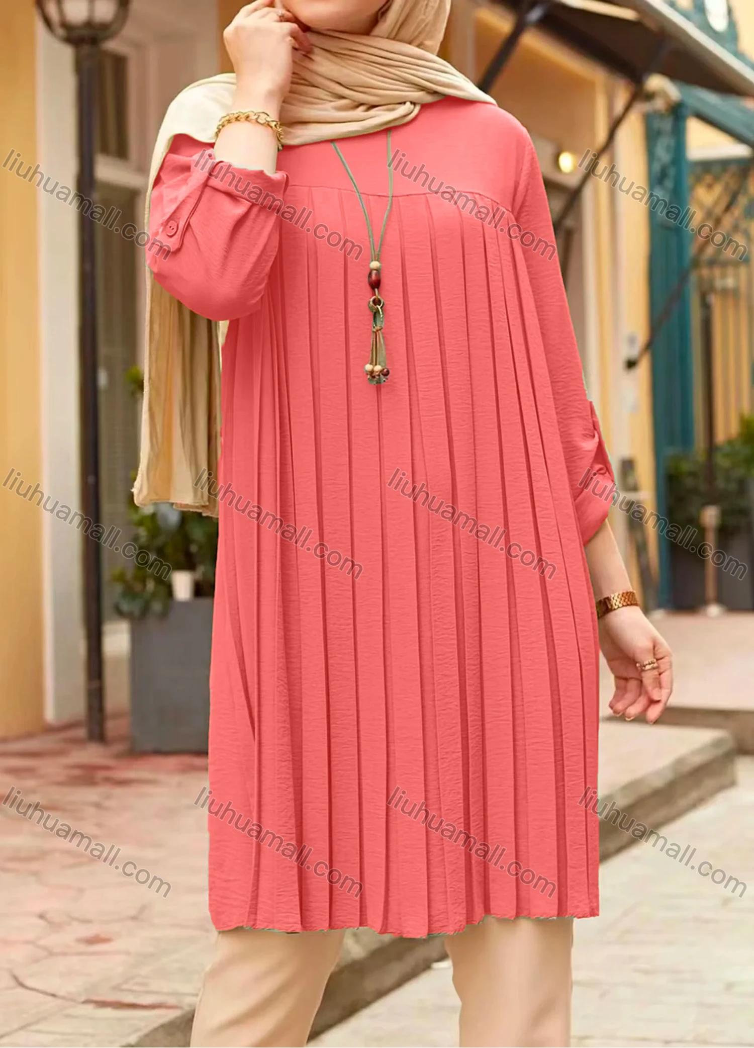 Wholesale Women's Casual Plain Long Sleeve Splicing Pleated Buckle Strap Cuff Tunic - Liuhuamall