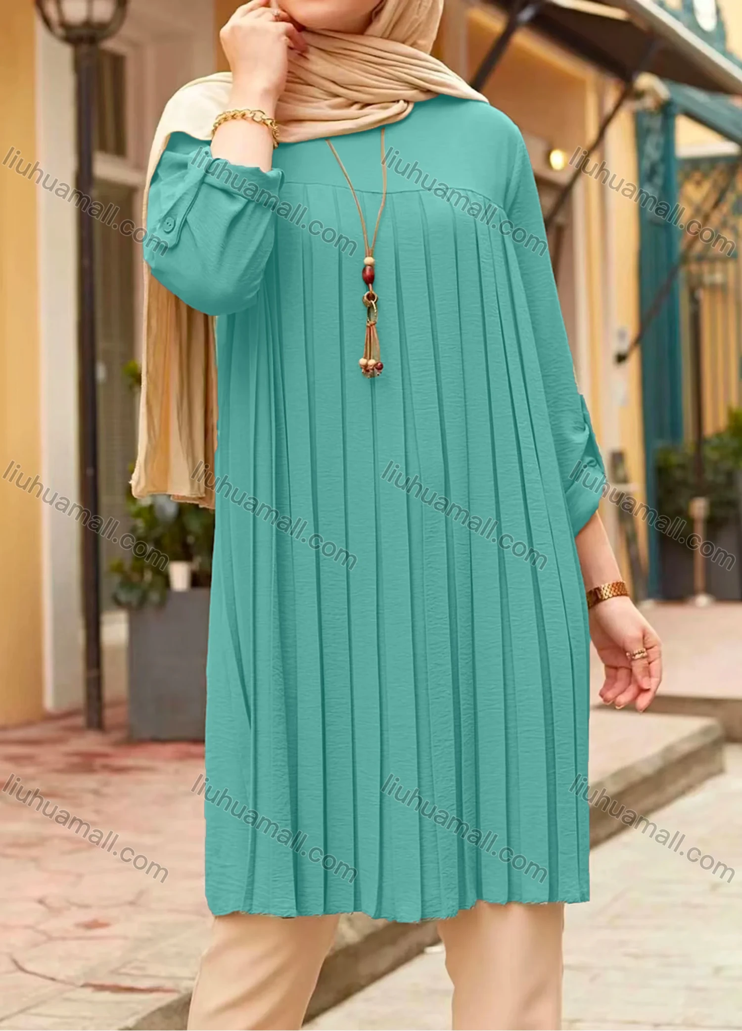 Wholesale Women's Casual Plain Long Sleeve Splicing Pleated Buckle Strap Cuff Tunic - Liuhuamall