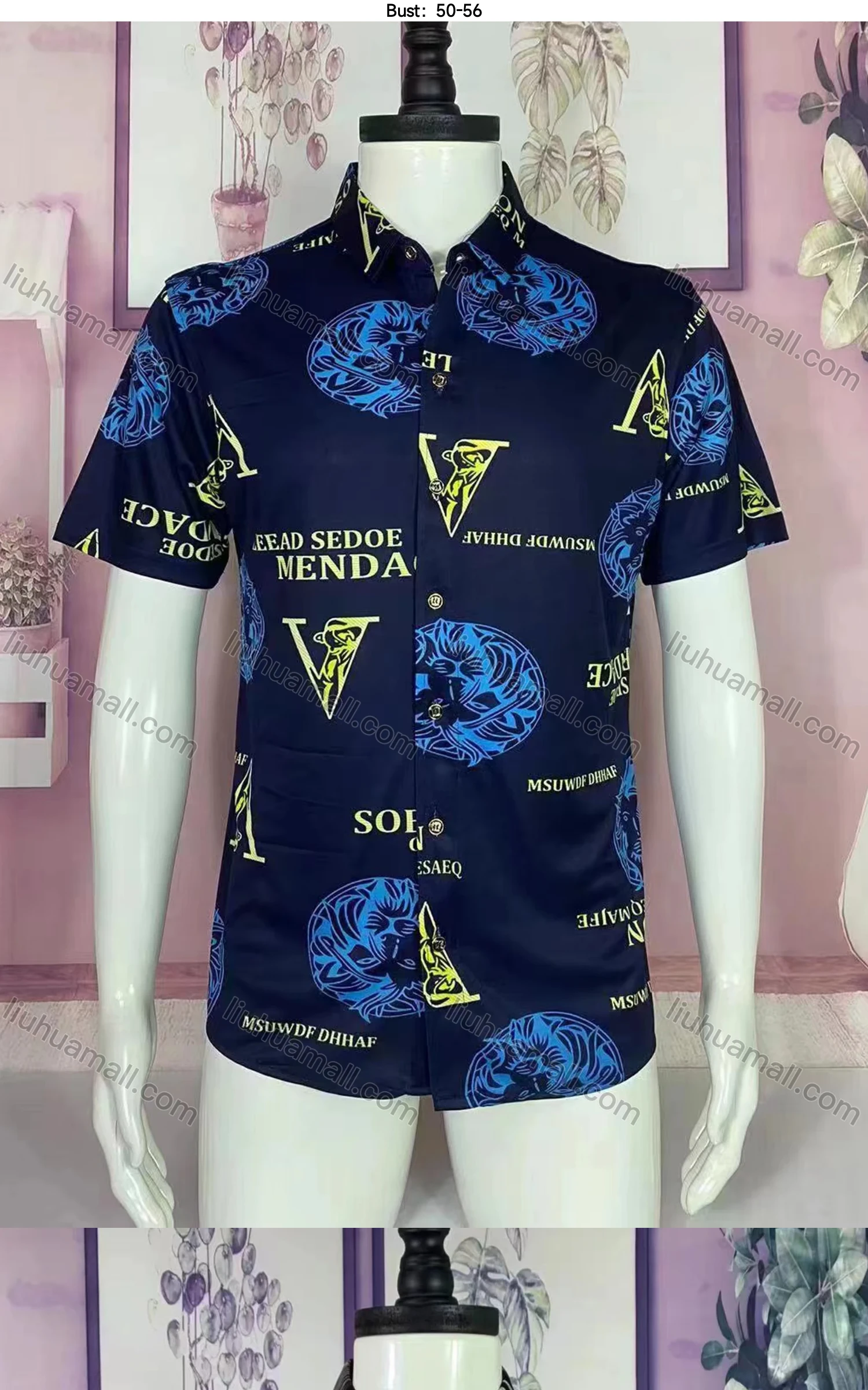 Wholesale Men's Casual Slim Fit Shirt Collar Short Sleeve Allover Print Button Down Shirt - Liuhuamall