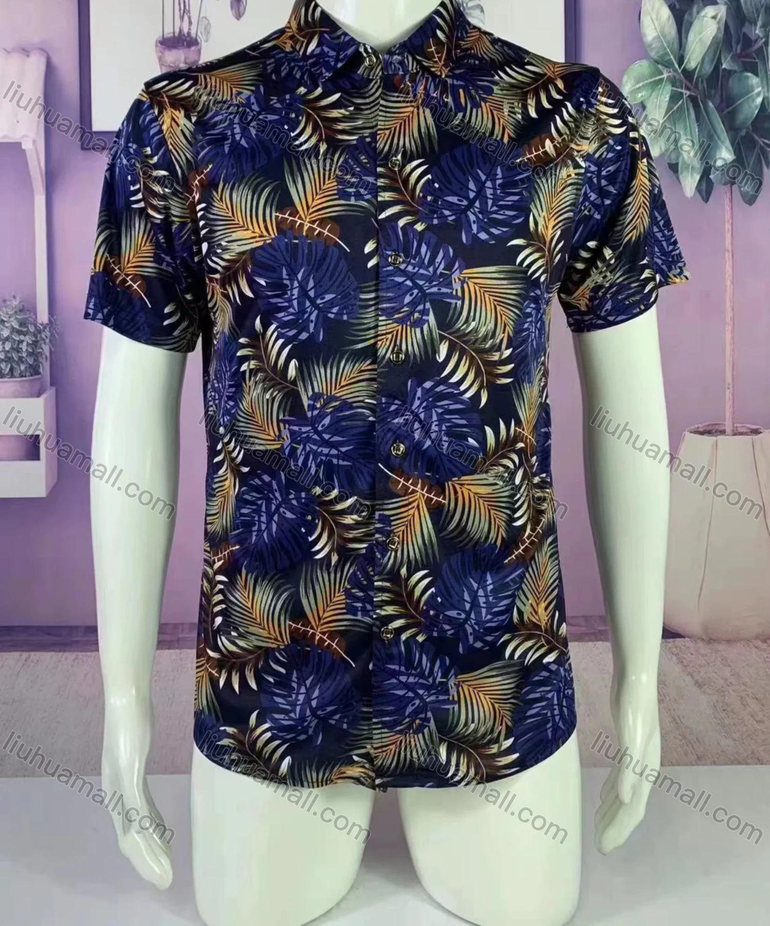 Wholesale Men's Casual Slim Fit Shirt Collar Short Sleeve Allover Print Button Down Shirt - Liuhuamall