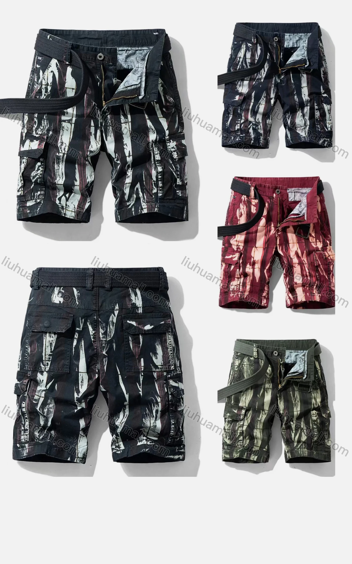 Wholesale Men's Casual Pockets Zipper Fly Abstract Print Short Cargo Pant With Belt - Liuhuamall