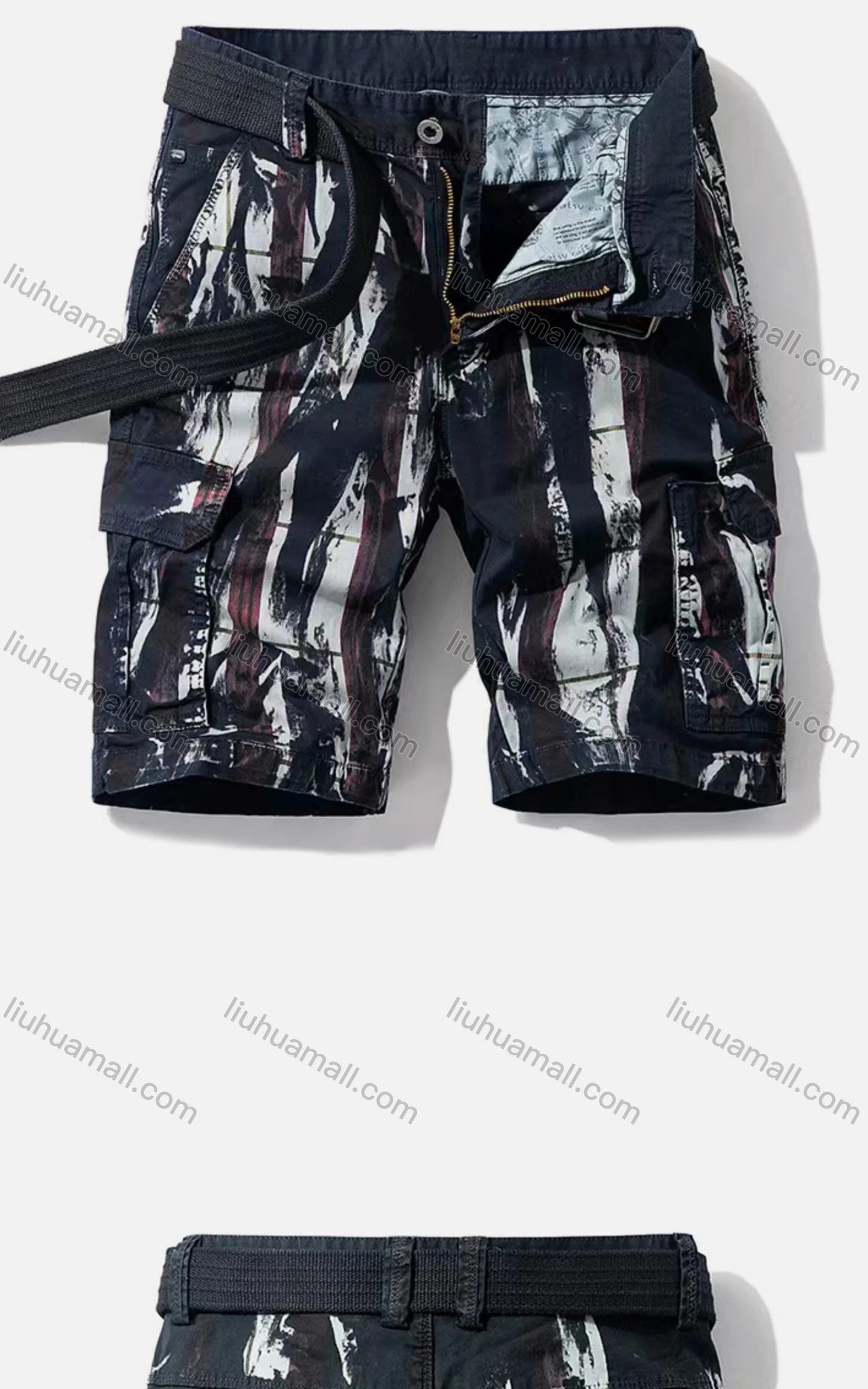 Wholesale Men's Casual Pockets Zipper Fly Abstract Print Short Cargo Pant With Belt - Liuhuamall
