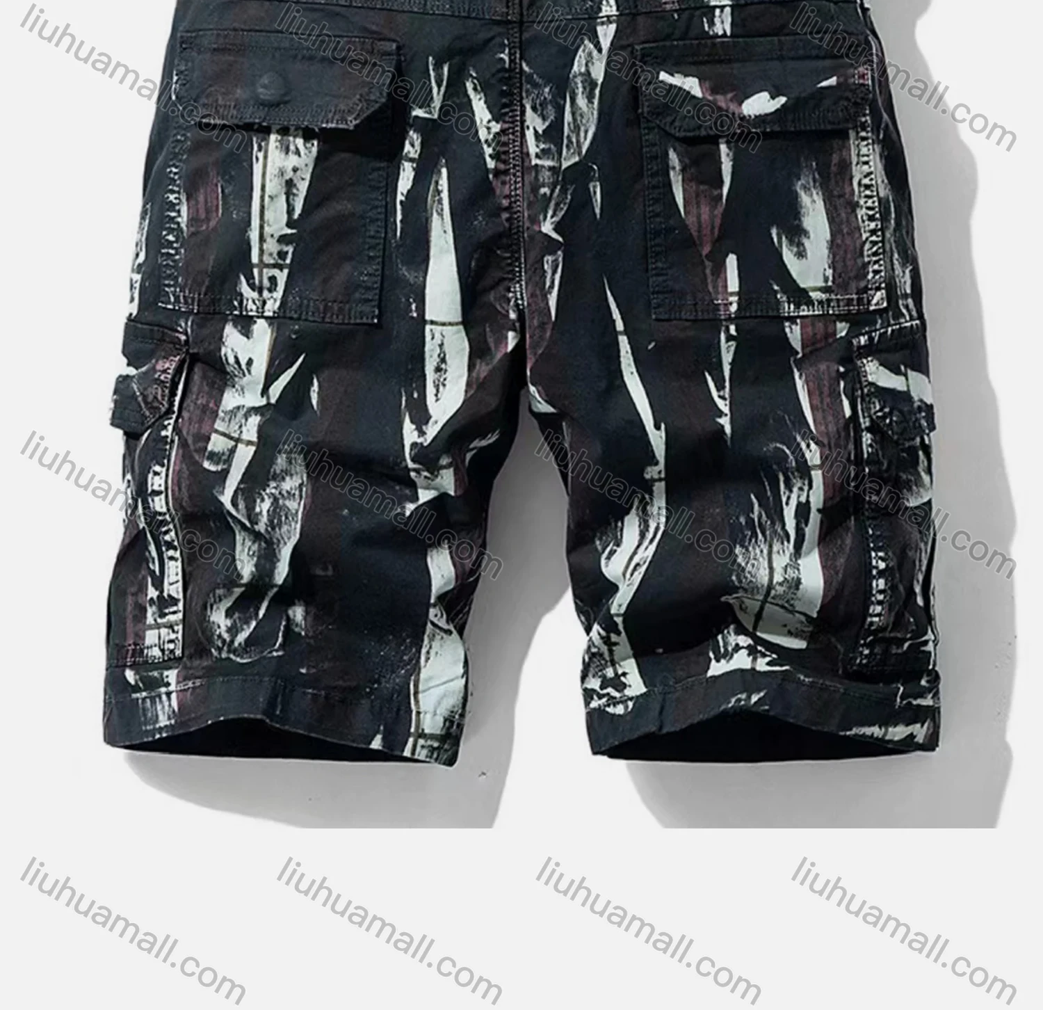 Wholesale Men's Casual Pockets Zipper Fly Abstract Print Short Cargo Pant With Belt - Liuhuamall