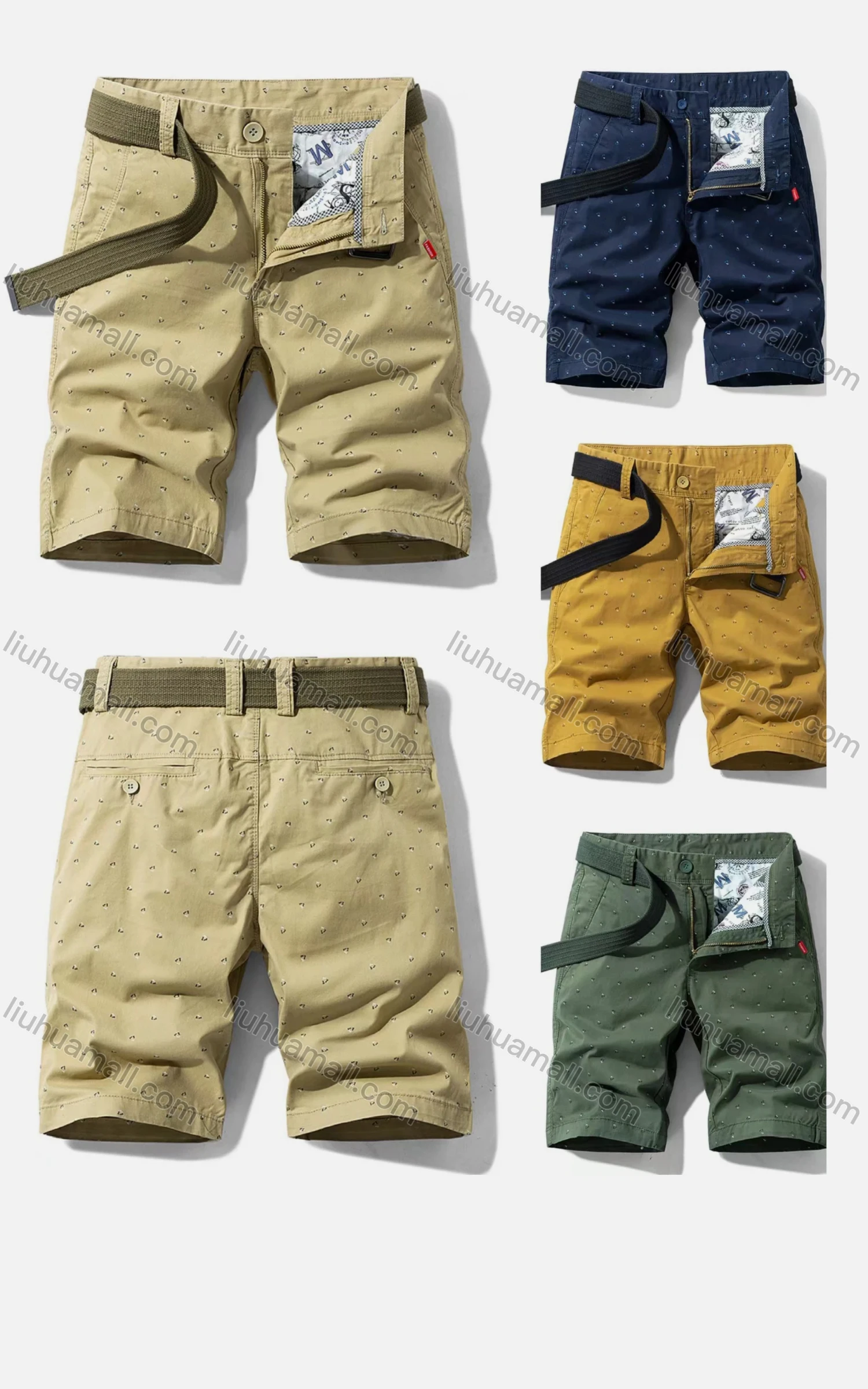 Wholesale Men's Casual Pockets Zipper Fly Allover Print Short Cargo Pant With Belt - Liuhuamall