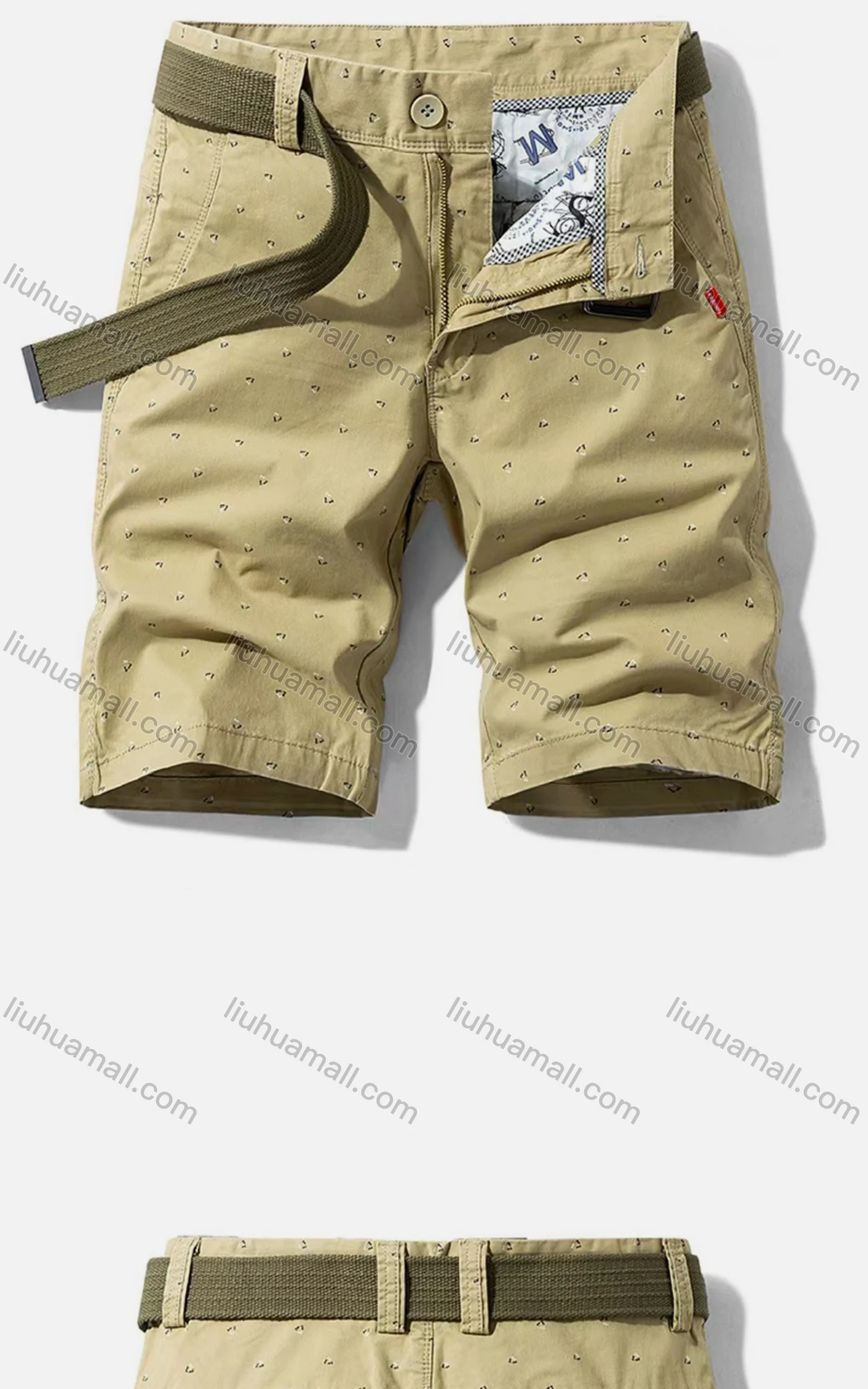 Wholesale Men's Casual Pockets Zipper Fly Allover Print Short Cargo Pant With Belt - Liuhuamall