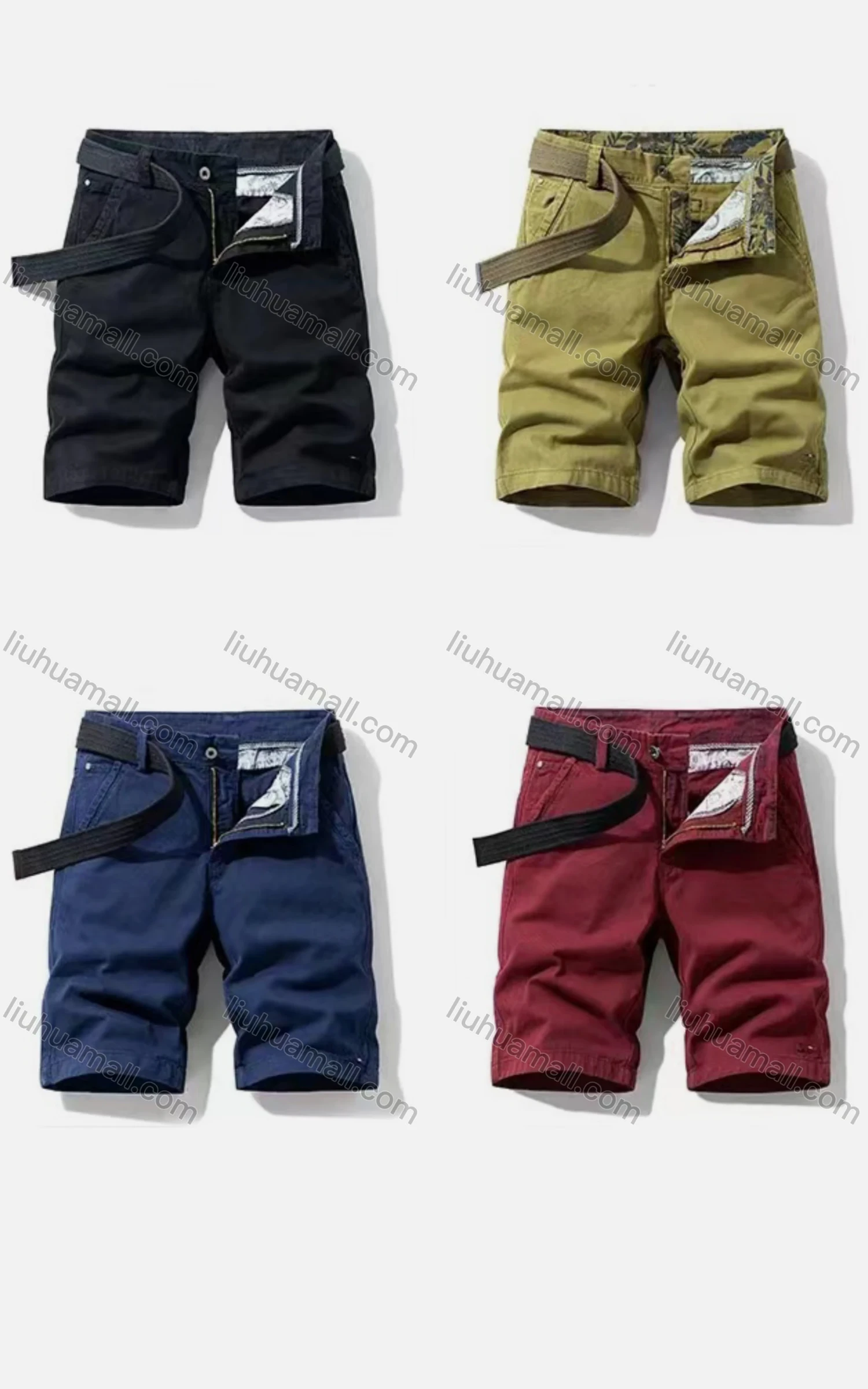 Wholesale Men's Casual Pockets Zipper Fly Plain Short Cargo Pant With Belt - Liuhuamall