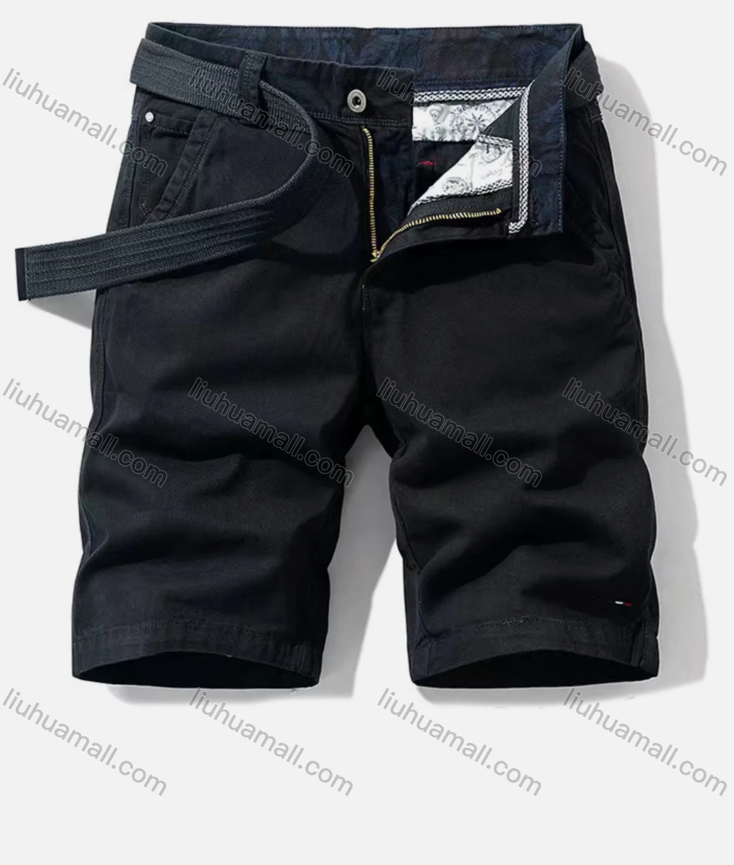 Wholesale Men's Casual Pockets Zipper Fly Plain Short Cargo Pant With Belt - Liuhuamall