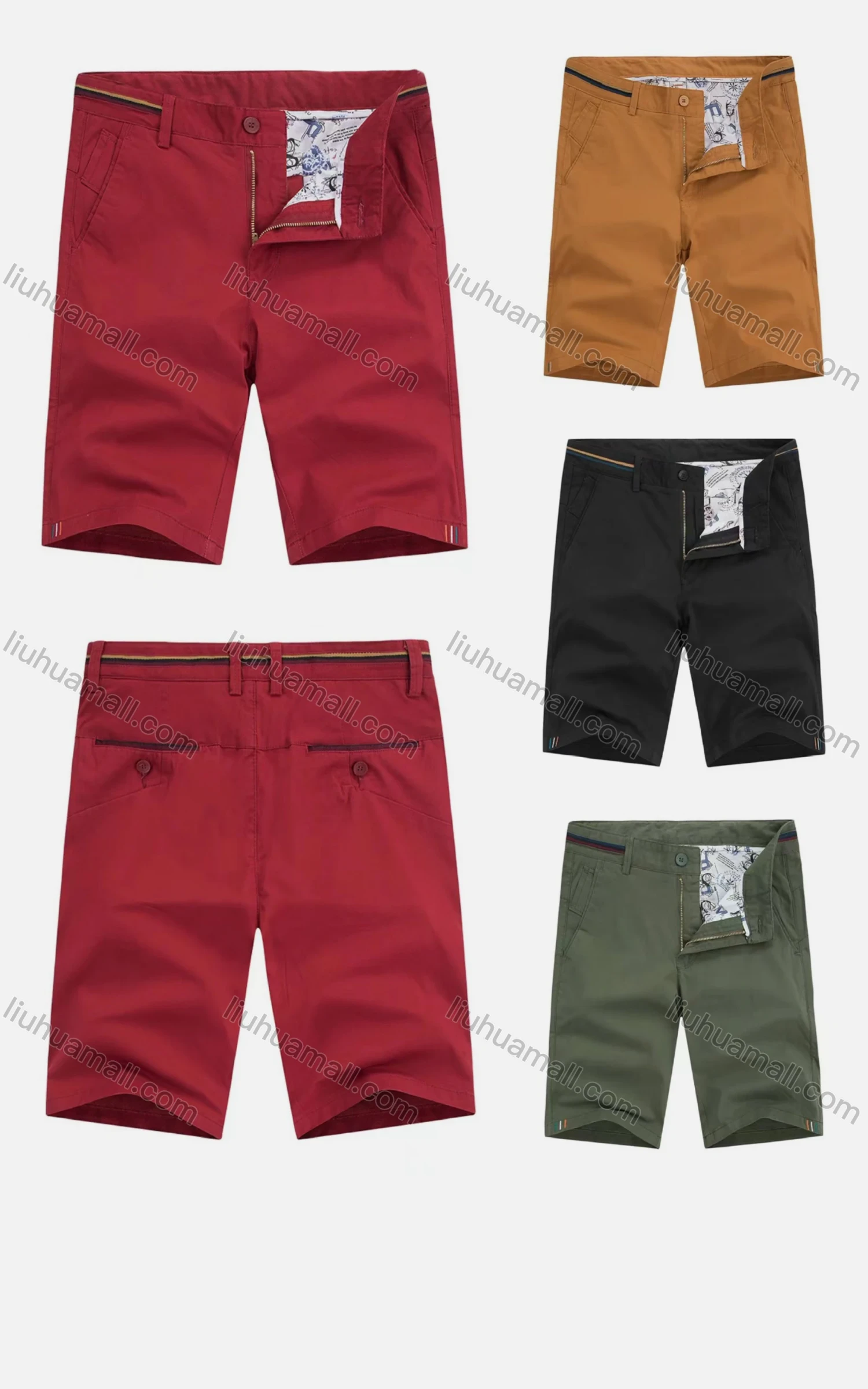 Wholesale Men's Casual Pockets Zipper Fly Plain Striped Trim Short Cargo Pant - Liuhuamall