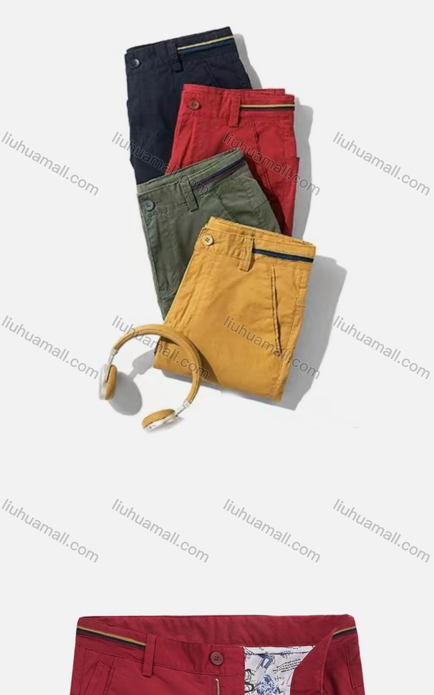 Wholesale Men's Casual Pockets Zipper Fly Plain Striped Trim Short Cargo Pant - Liuhuamall