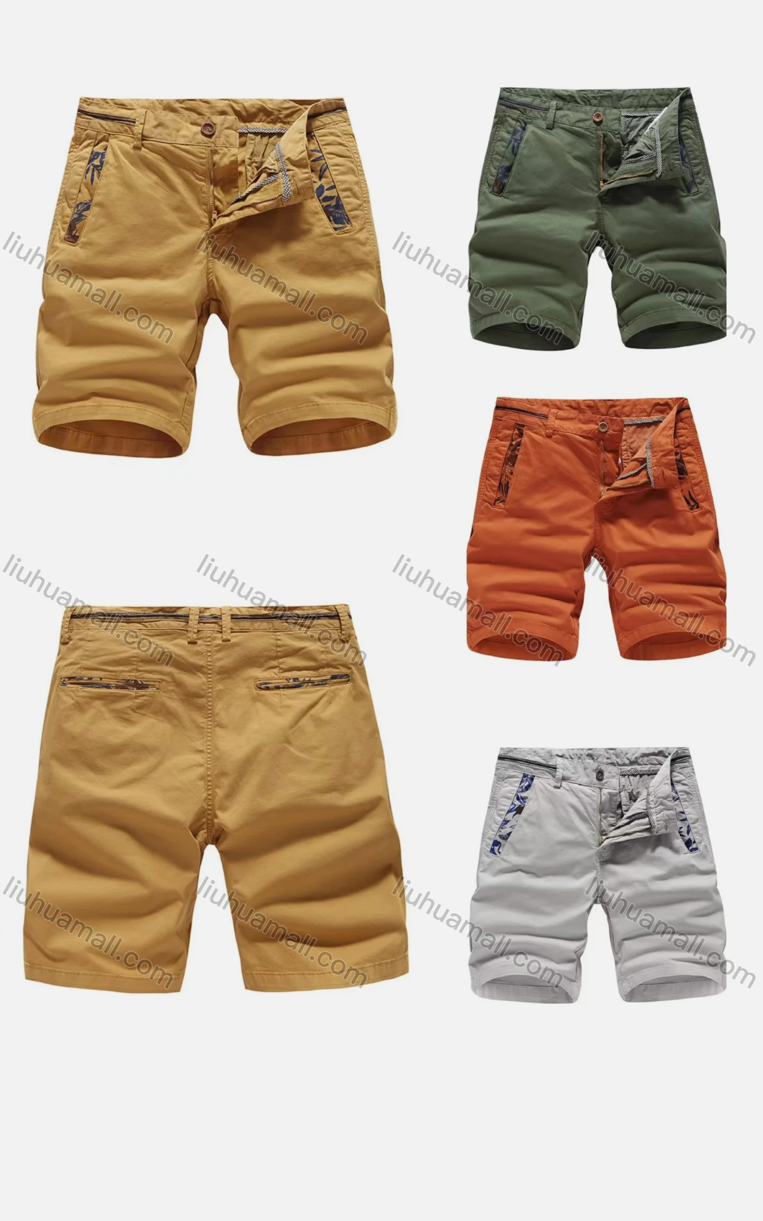 Wholesale Men's Casual Pockets Zipper Fly Plain Striped Trim Short Cargo Pant - Liuhuamall