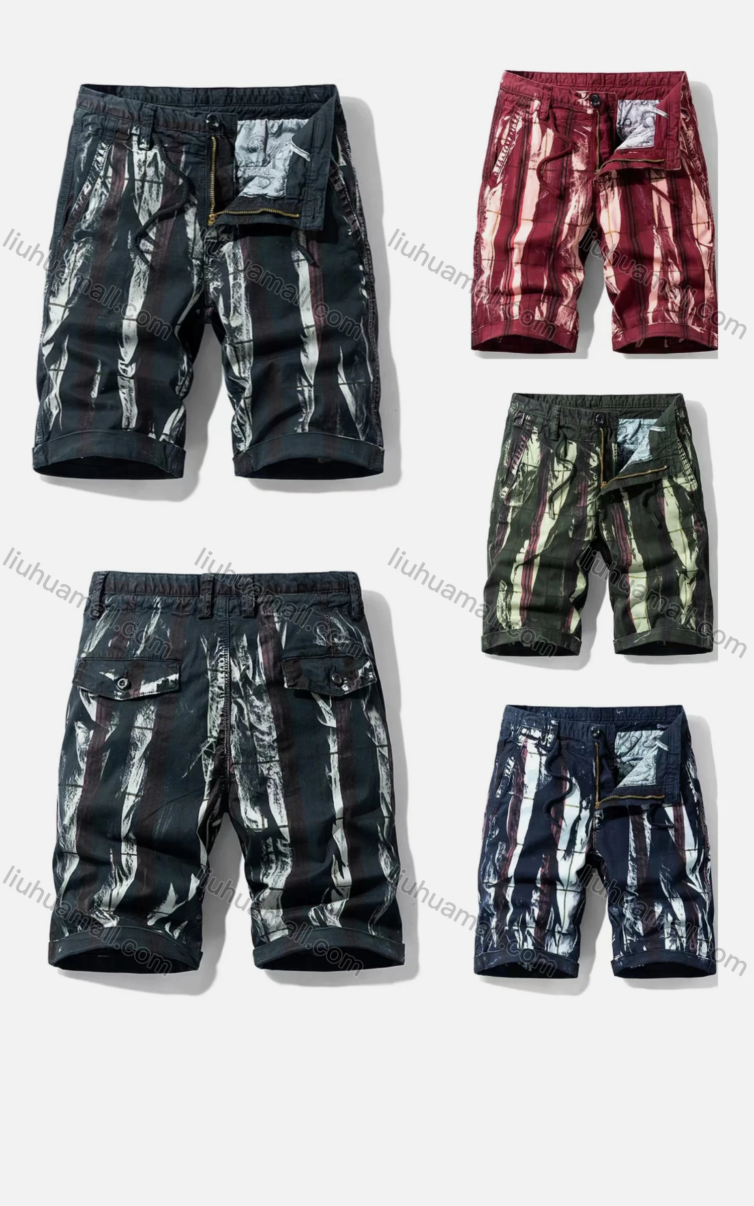 Wholesale Men's Casual Pockets Zipper Fly Drawstring Abstract Print Short Cargo Pant - Liuhuamall