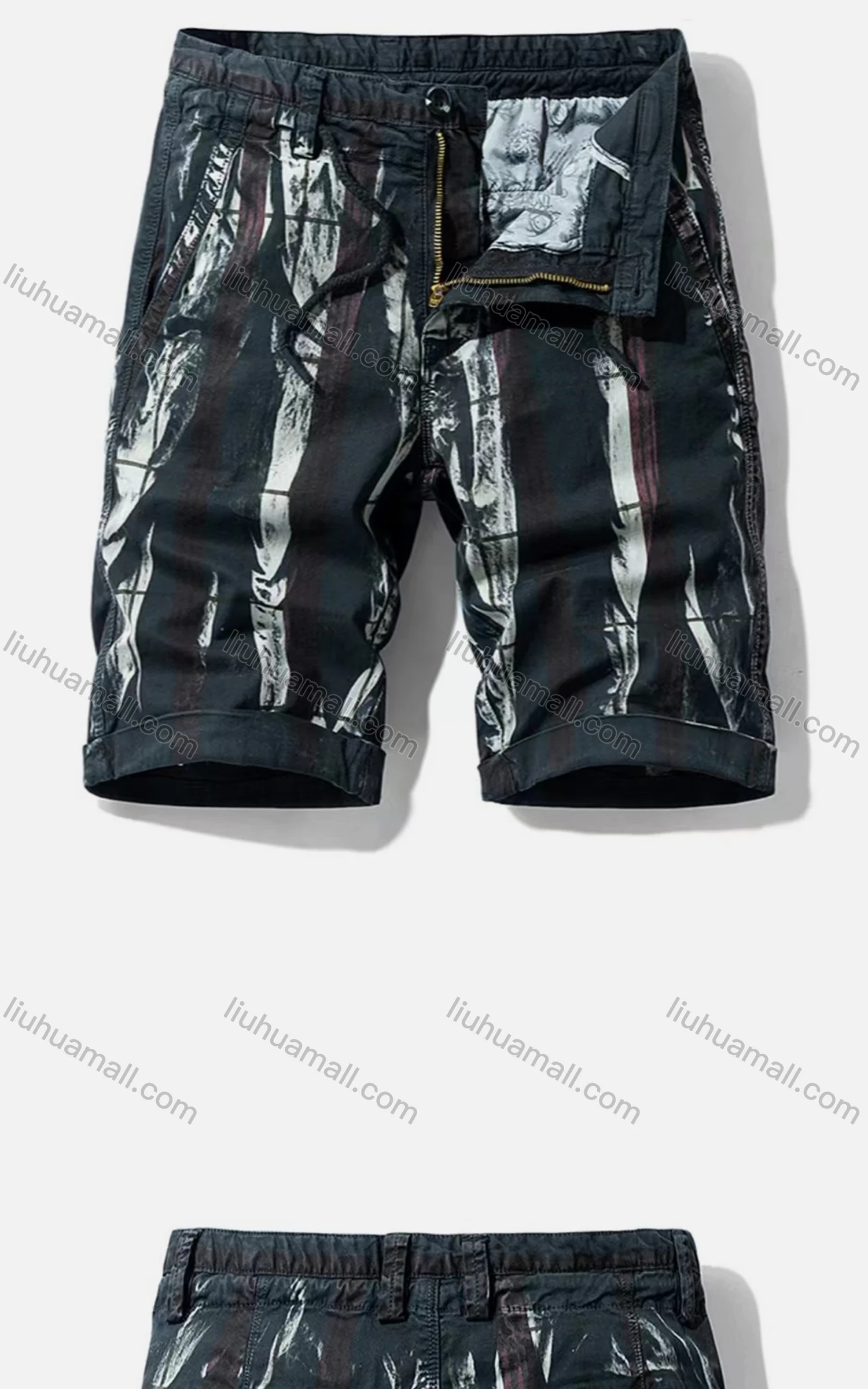 Wholesale Men's Casual Pockets Zipper Fly Drawstring Abstract Print Short Cargo Pant - Liuhuamall