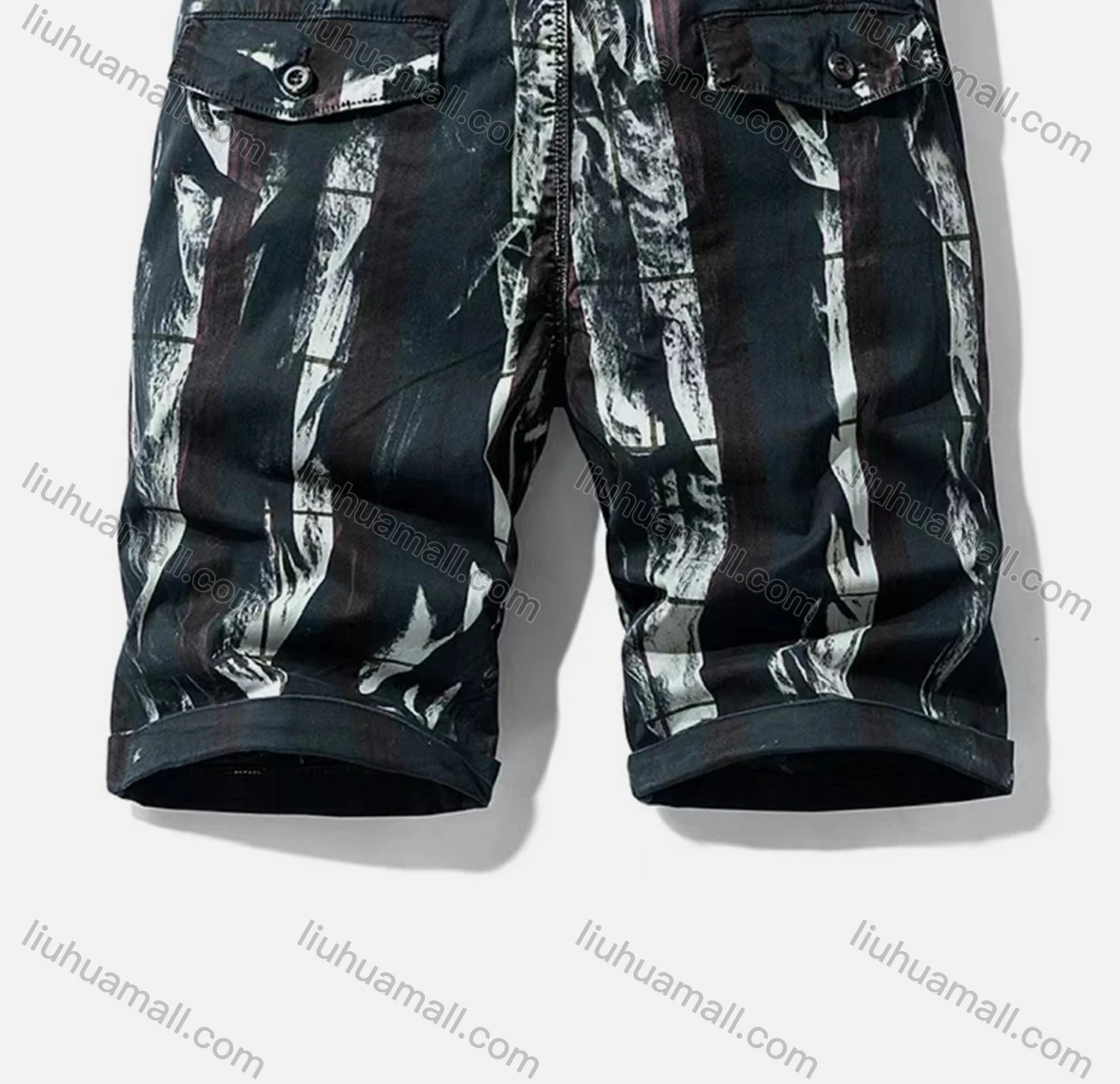 Wholesale Men's Casual Pockets Zipper Fly Drawstring Abstract Print Short Cargo Pant - Liuhuamall