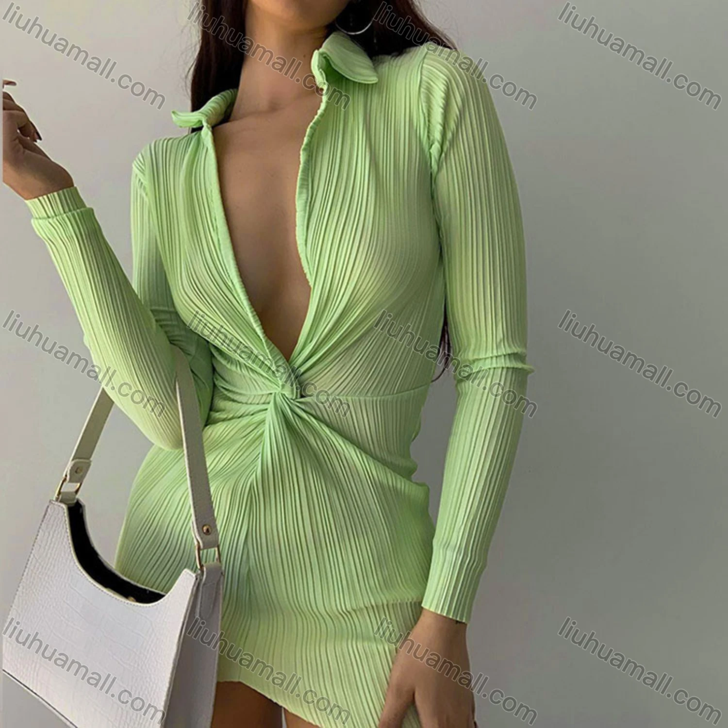 Wholesale Women's Sexy Plain Deep V Neck Twist Long Sleeve Short Dress - Liuhuamall