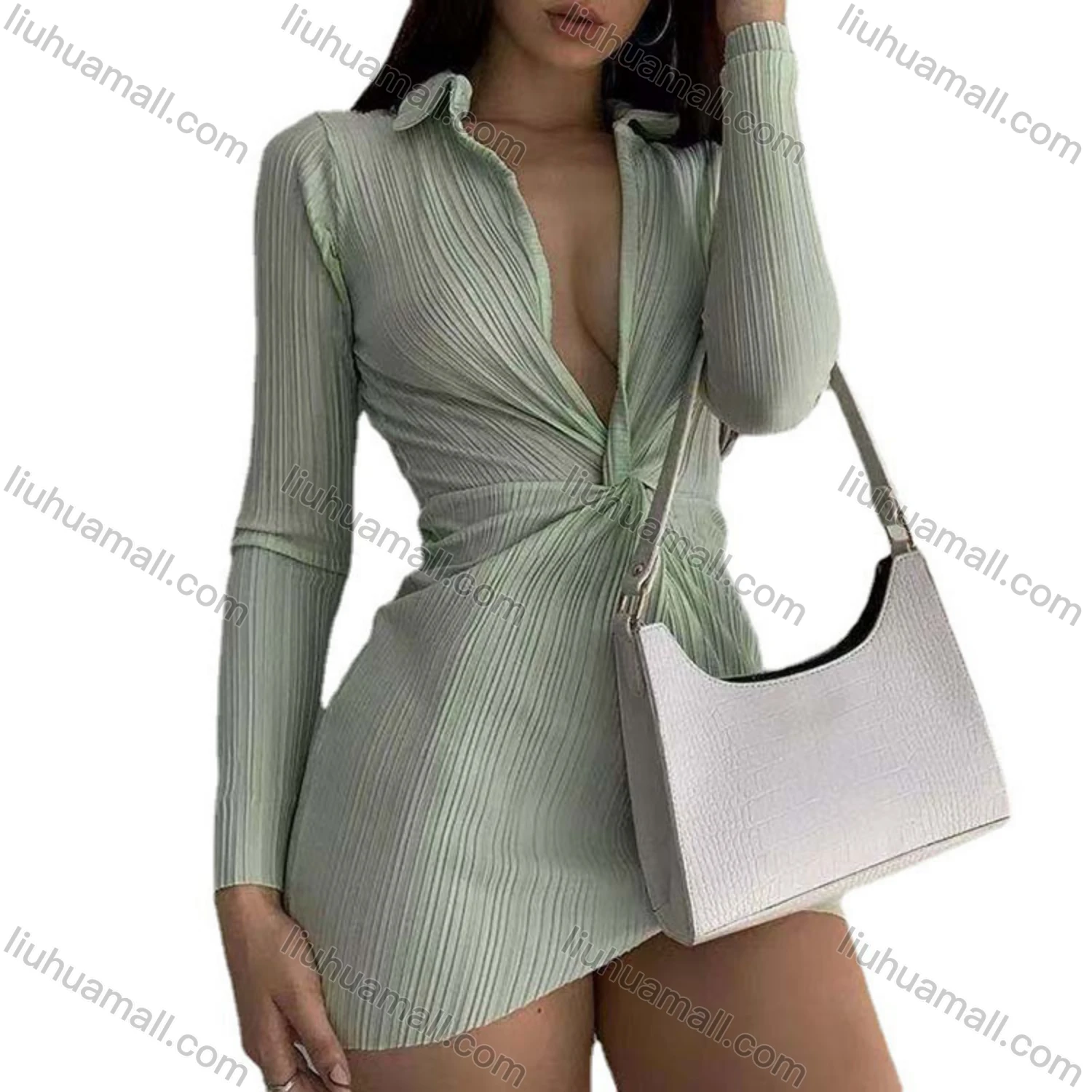 Wholesale Women's Sexy Plain Deep V Neck Twist Long Sleeve Short Dress - Liuhuamall