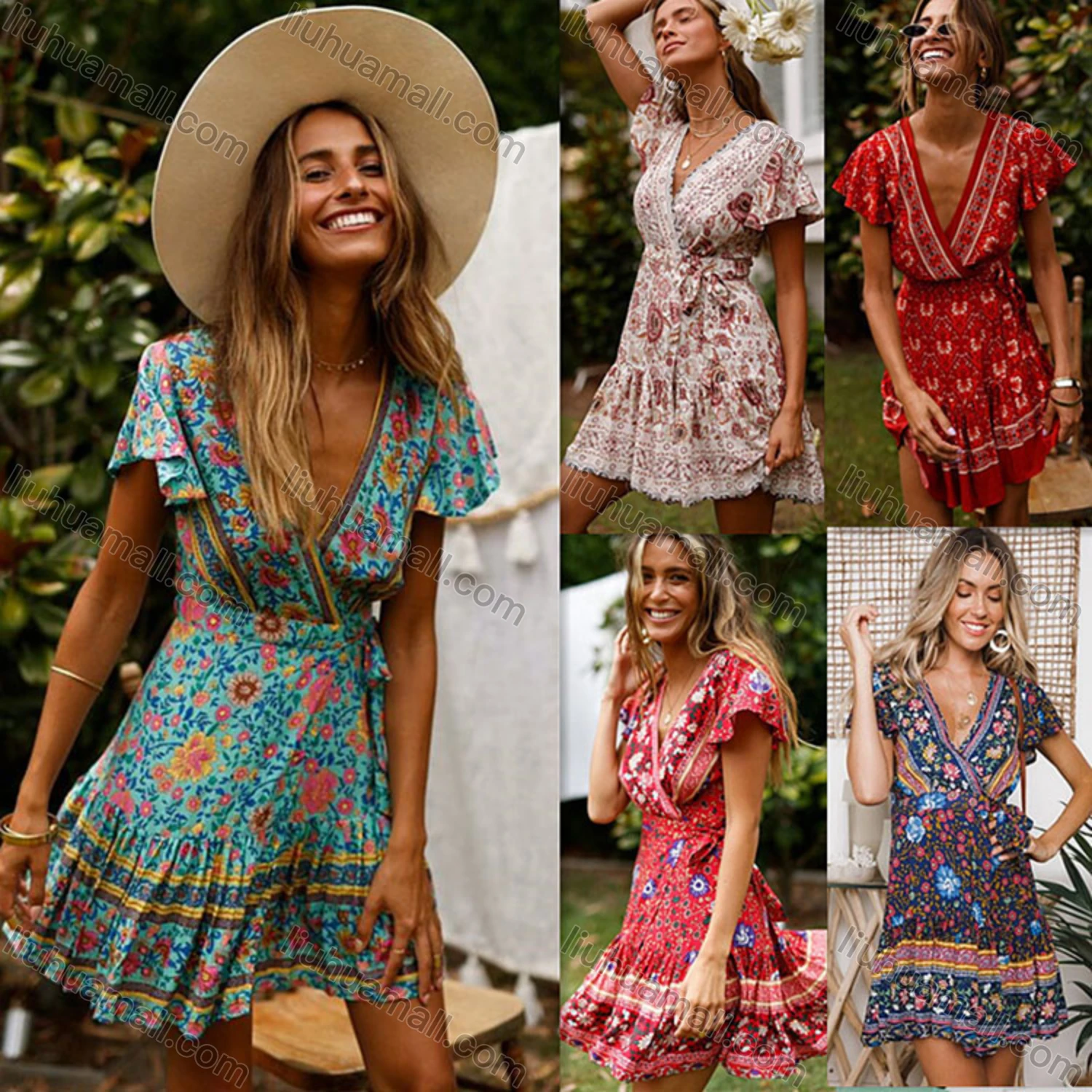 Wholesale Women's Casual Vintage Print Wrap V Neck Ruffle Sleeve Tie Side Short Dress - Liuhuamall