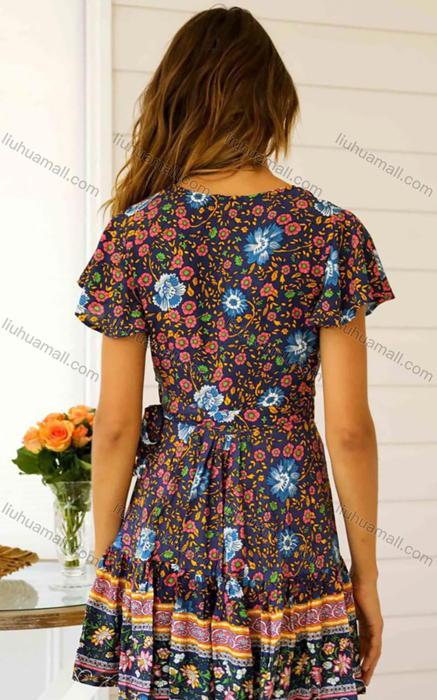Wholesale Women's Casual Vintage Print Wrap V Neck Ruffle Sleeve Tie Side Short Dress - Liuhuamall