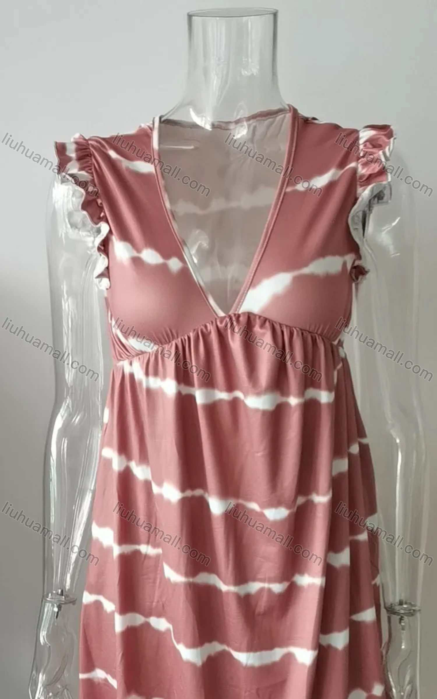 Wholesale Women's Casual Tie Dye V Neck Ruffle Trim Short Tank Dress - Liuhuamall