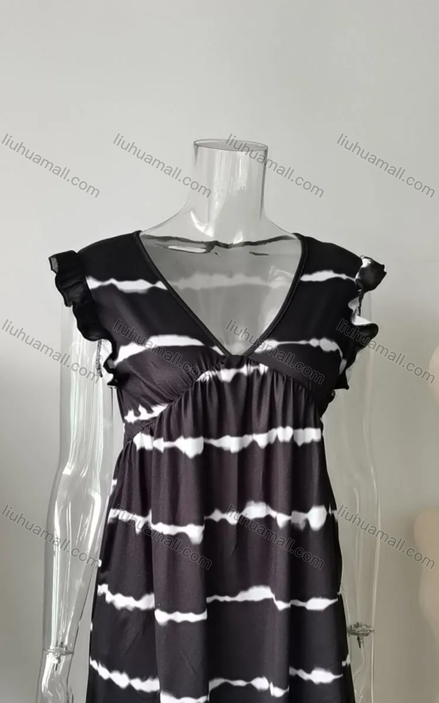Wholesale Women's Casual Tie Dye V Neck Ruffle Trim Short Tank Dress - Liuhuamall
