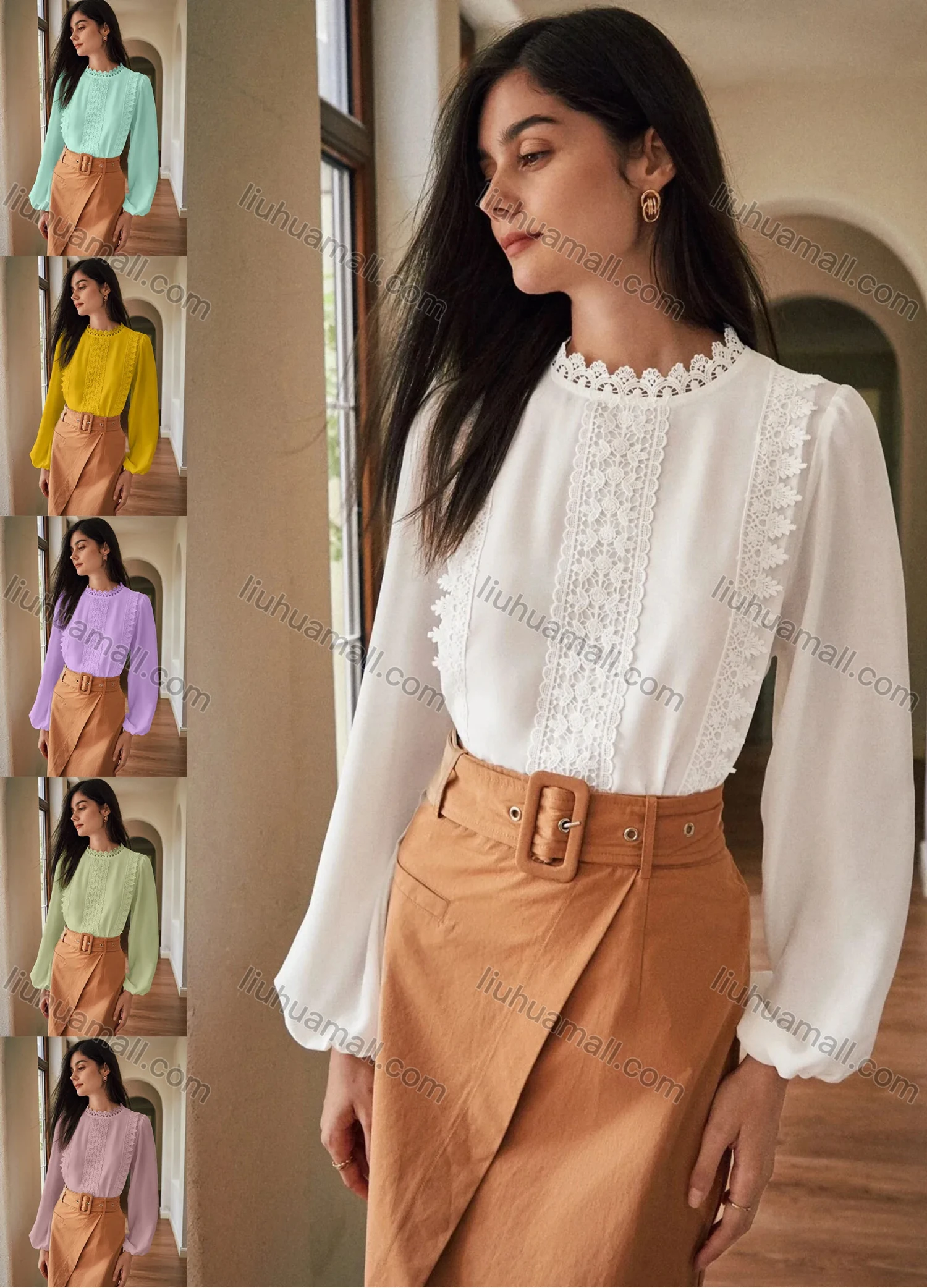Wholesale Women's Casual Plain Lace Trim Long Sleeve Blouse - Liuhuamall