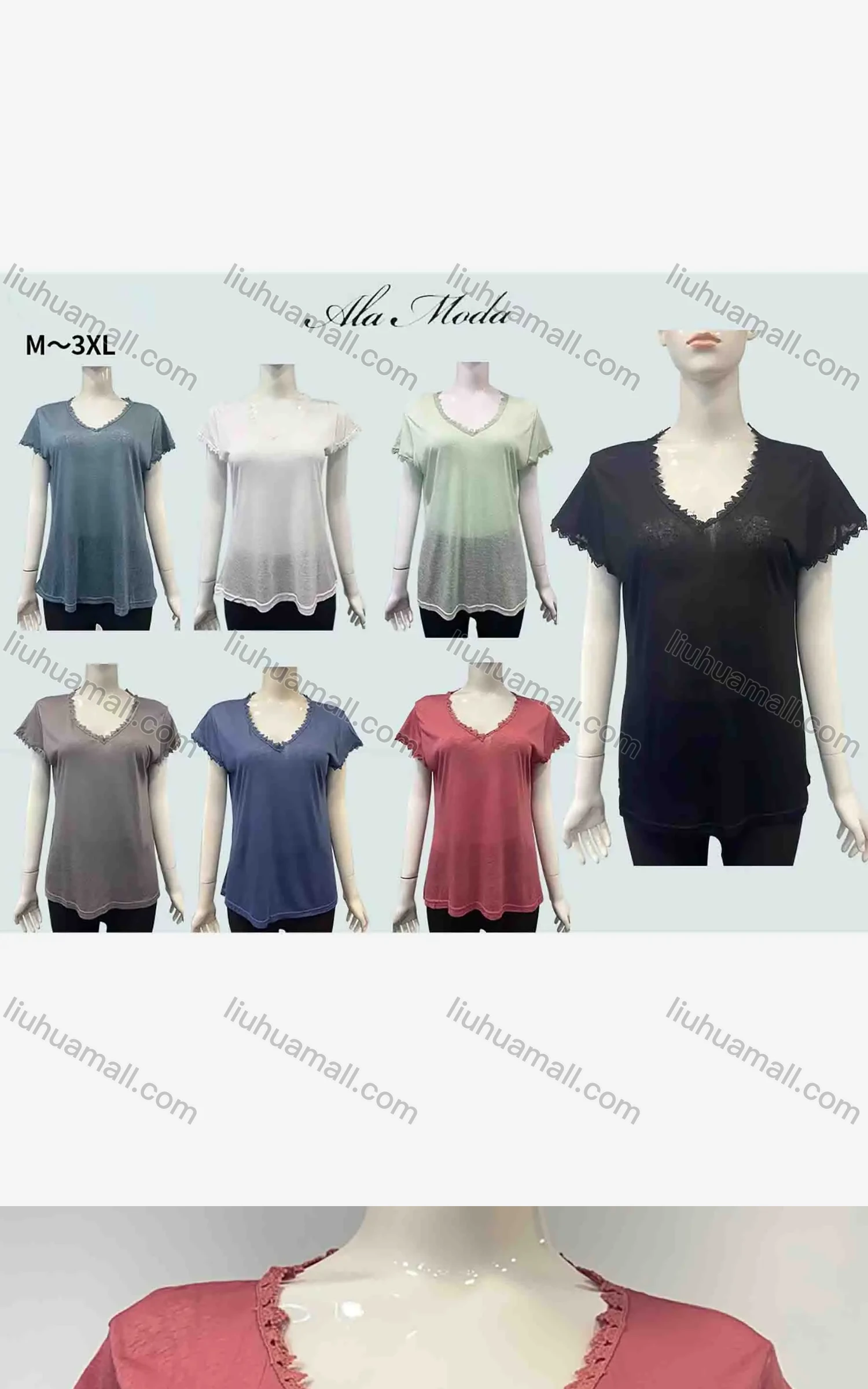 Wholesale Women's Casual Plain V Neck Lace Trim Short Sleeve Blouse - Liuhuamall