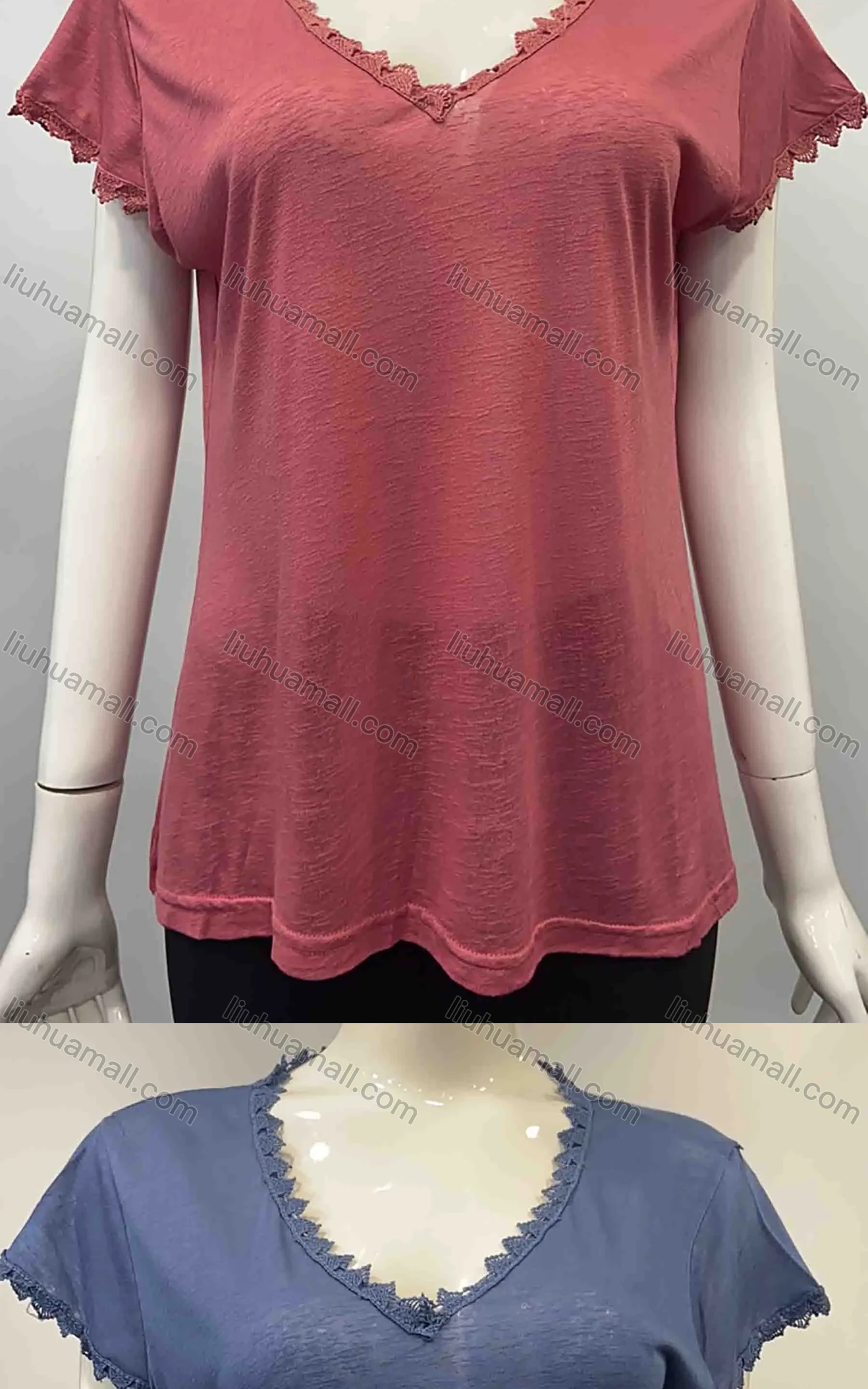 Wholesale Women's Casual Plain V Neck Lace Trim Short Sleeve Blouse - Liuhuamall