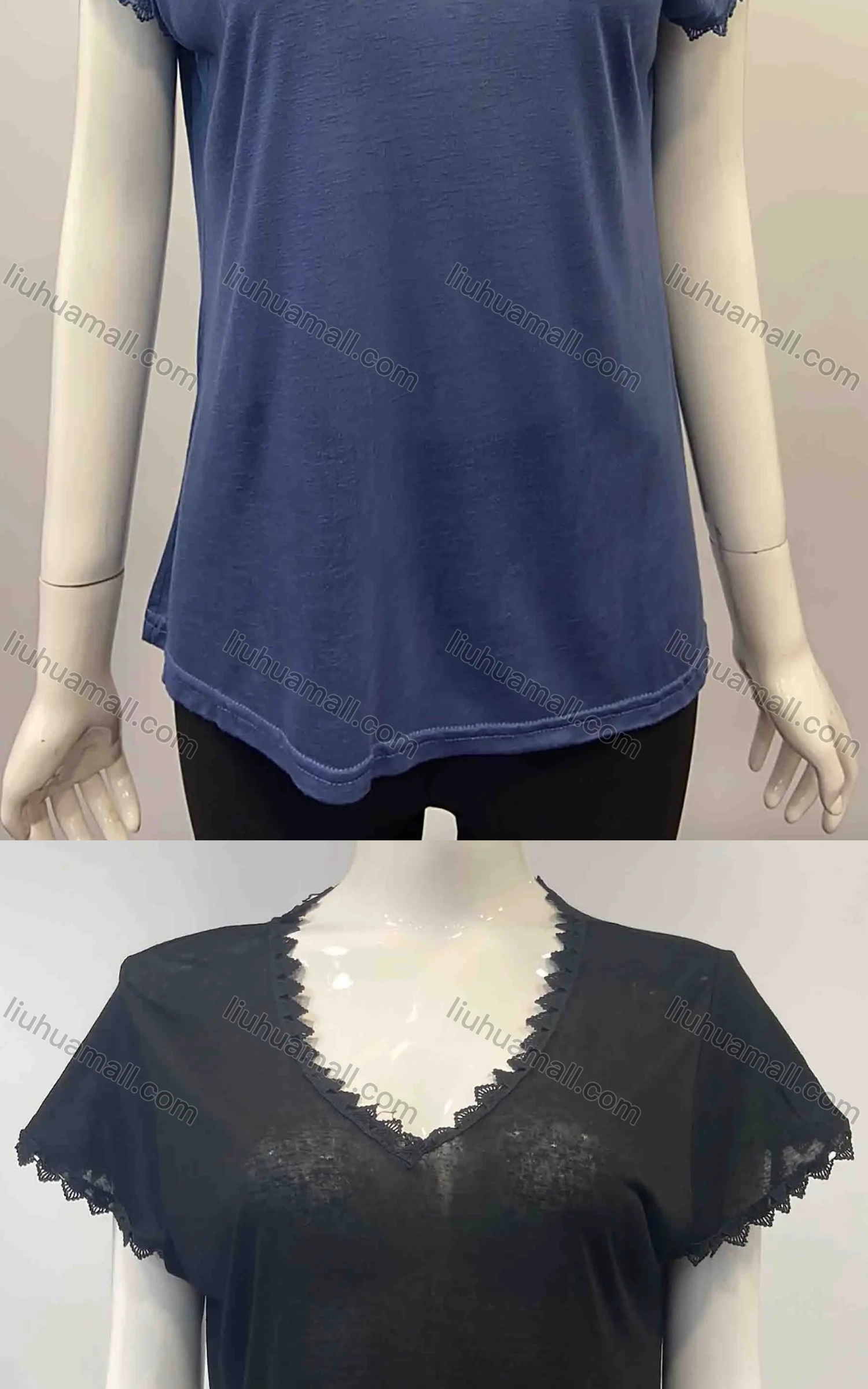 Wholesale Women's Casual Plain V Neck Lace Trim Short Sleeve Blouse - Liuhuamall
