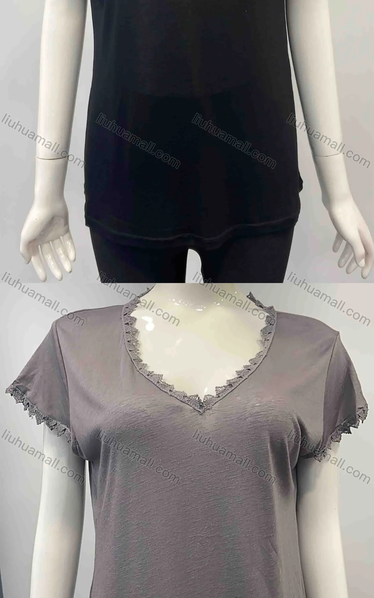 Wholesale Women's Casual Plain V Neck Lace Trim Short Sleeve Blouse - Liuhuamall
