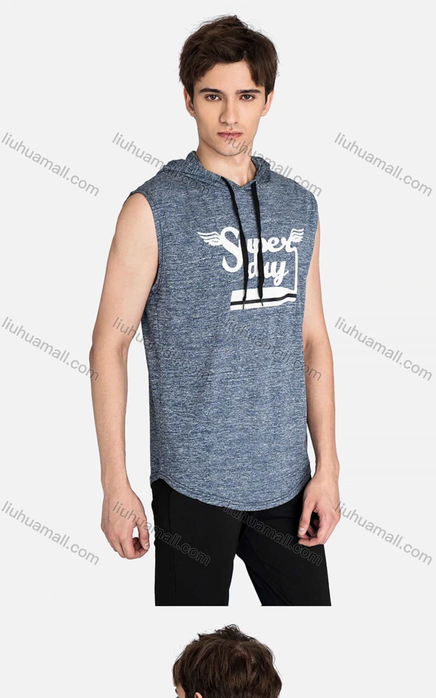 Wholesale Men's Sporty Sleeveless Drawstring Letter Print Hoodie - Liuhuamall