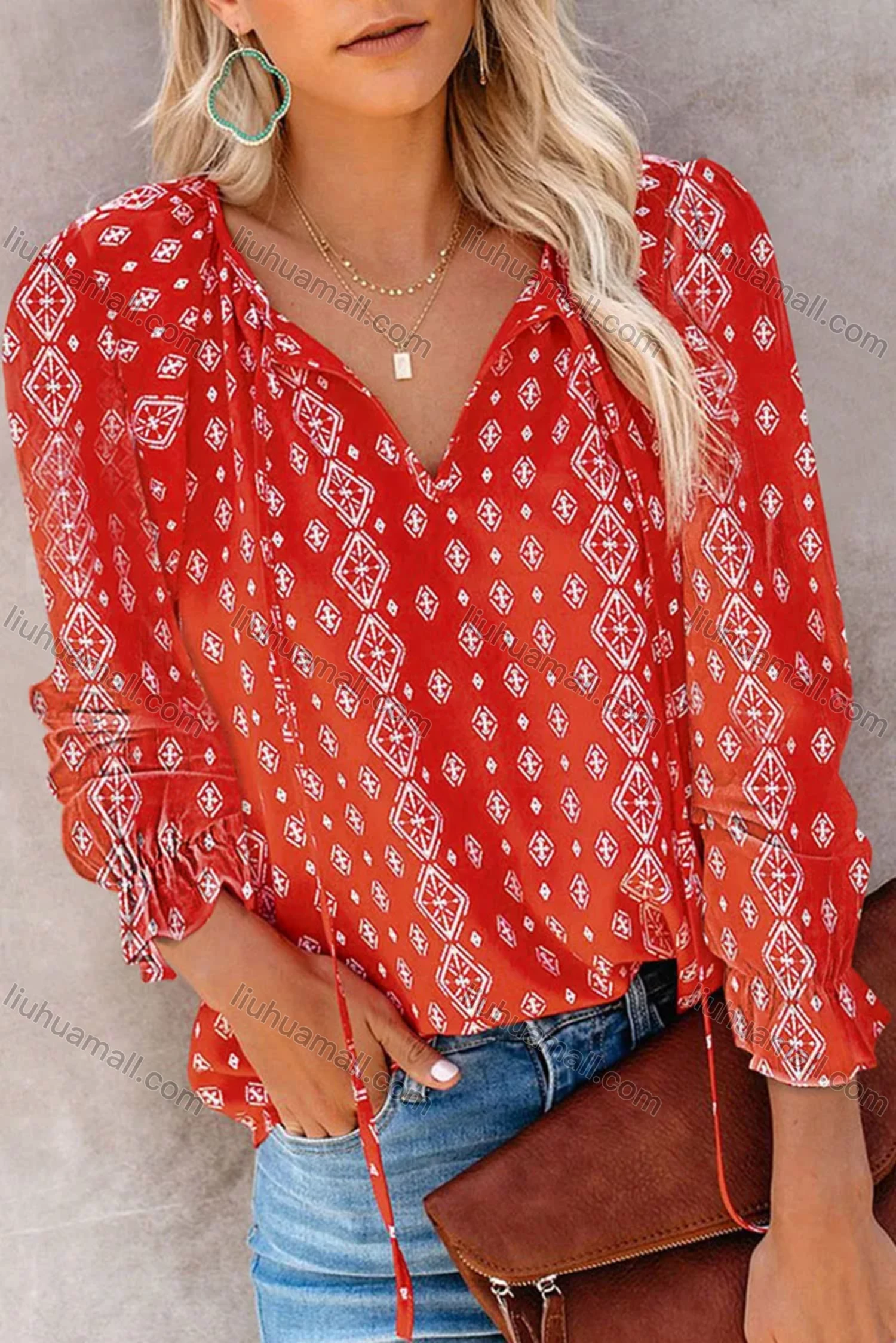 Wholesale Women's Casual Floral Print V Neck Long Sleeve Blouse - Liuhuamall